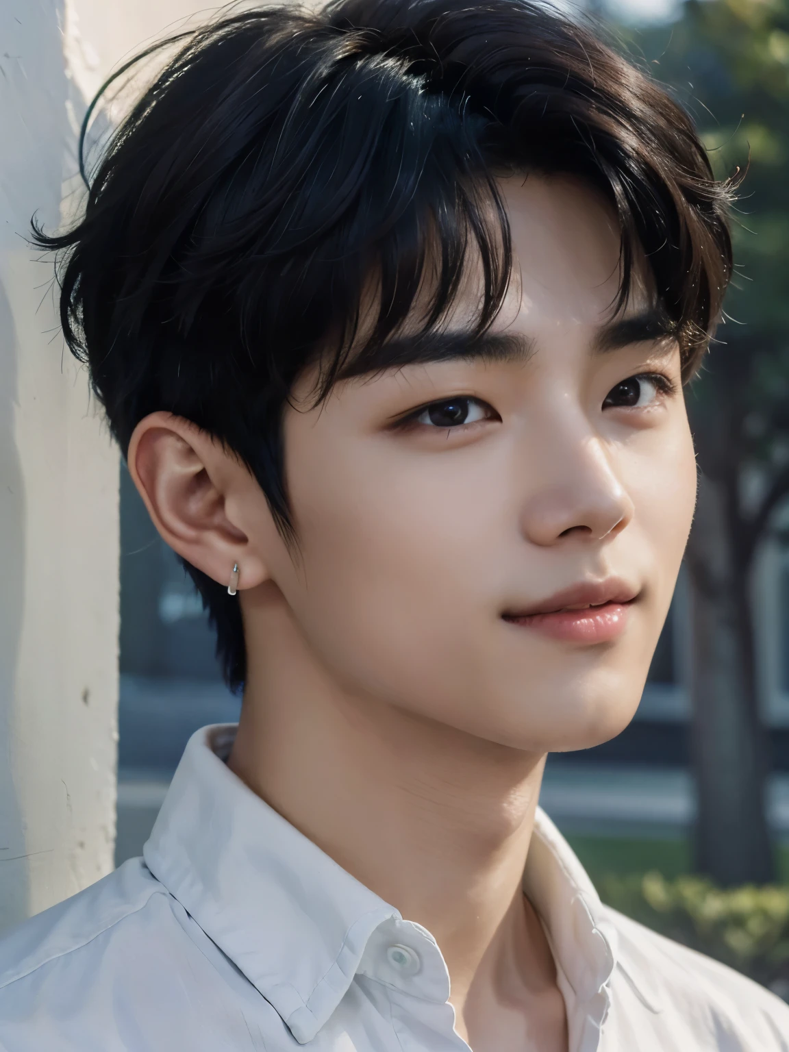 (photorealistic, masterpiece, 8K HD, good lighting quality, portrait, closing up on face, intricate details), a handsome young korean man, 20 years old, cute, happy, cheerful, rebellious, smiling brightly, white teeth, friendly, charming, detailed face, detailed eyes, looking at the sky, casual wear, earring, brown eyes, black hair, smooth hair, curly hair, hair bangs, outdoors, early morning, dreamy world, surrealism, ethereal