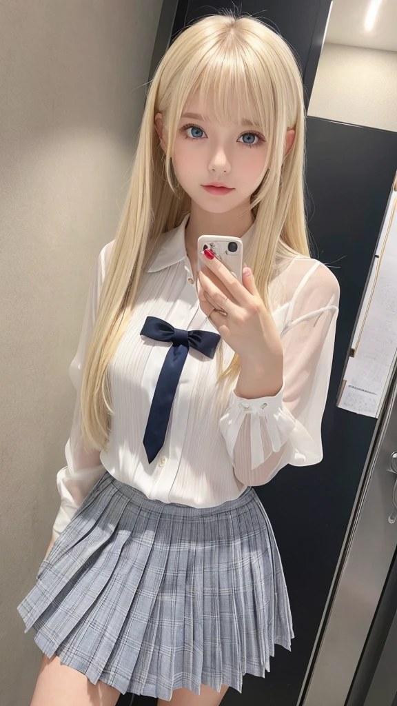 Portrait、uniform correct expression、blonde ponytail、Young, shiny, white, glossy skin、Best Looklonde Reflection Light、Platinum blonde hair with dazzling highlights、shiny bright hair,、super long silky straight hair、Shining beautiful bangs、Sparkling clear and charming big blue eyes、very beautiful lovely cute 18 year old girl、rich bust、beautiful white blouse、with slit、((I can see the whole body))、pretty face、Clothes look cramped in the chest、lob  hair、loose perm、Sheer pleated skirt with lots of checked pleats、