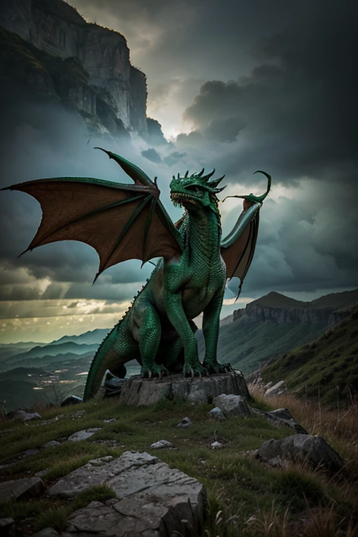 Dragon, color verde, epic pose, paisaje rocoso. 
