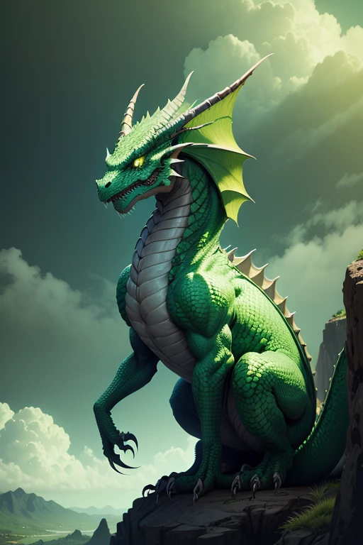 Dragon, color verde, epic pose, paisaje rocoso. 