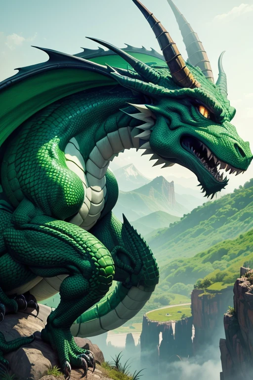 Dragon, color verde, epic pose, paisaje rocoso.