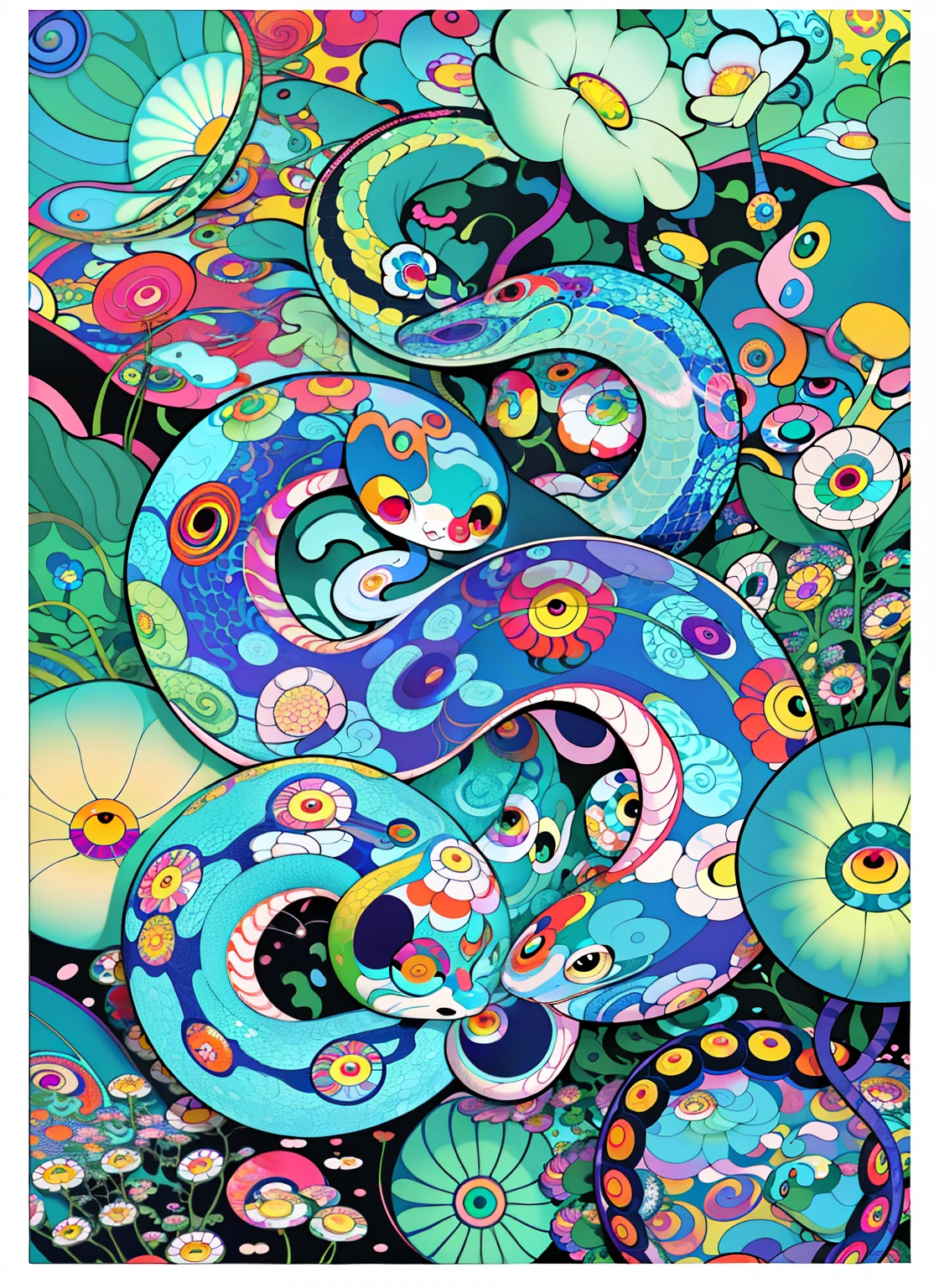 Close-up of a snake with many flowers, Inspired by Haruki Murakami, Surreal psychedelic design, Psychedelic illustration, Detailed digital illustrations, Whimsical and psychedelic, Chuanghui Illustrations, Official illustration, Colorful illustrations, adobe illustration art, Full color digital illustration, Stylized digital illustration, Inspired by Takashi Murakami, Inspired by Takashi Murakami