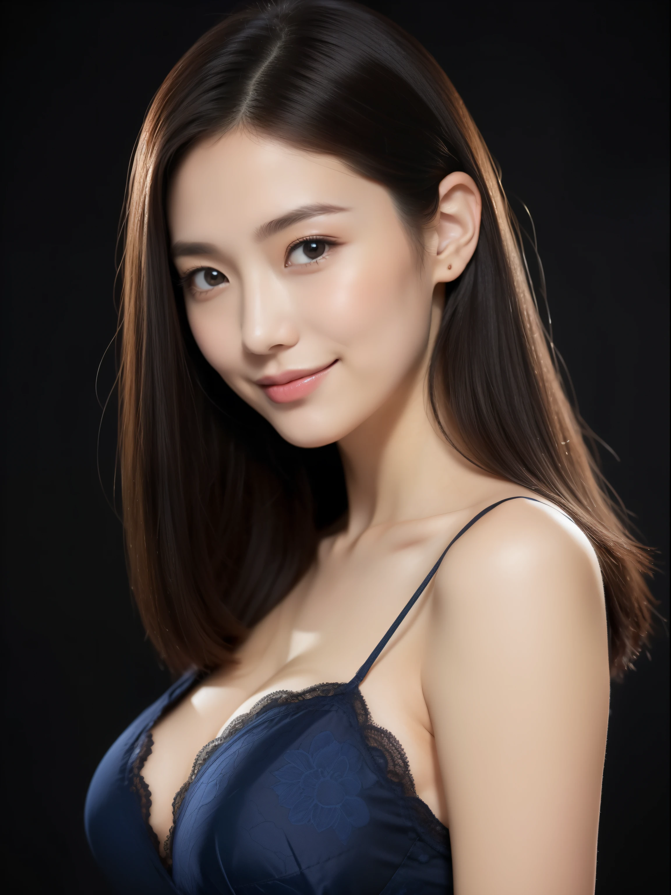 beautiful 25 year old woman。She is wearing a tight camisole made of dark blue satin fabric.。Black lace on chest and hem.。Please smile kindly。her dark brown hair、、her hair is long and straight。High resolution、masterpiece、highest quality、head w:1.4、((Hasselblad Photos))、fine skin、fine knit、(movie lighting)、clavicle,she has a very good-looking face. she smiles shyly.