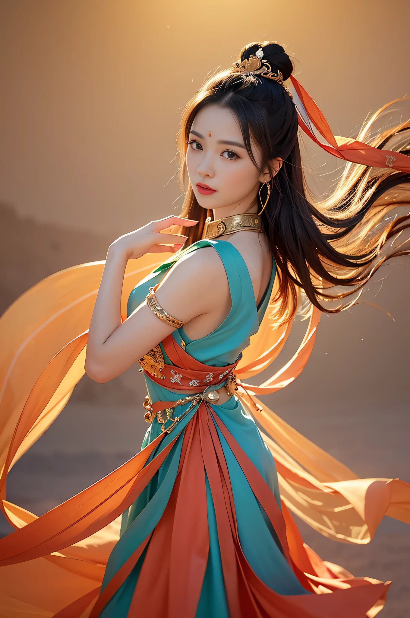 （Artist Ji Jian：1.2）、（Dunhuang Feitian Clothing：1.1）、（girl：0.9）、（colorful+neat long hair：1.2），Exquisite details，Overall gorgeous，True restoration，Exquisite workmanship，Ink background color，illumination，beautiful，light and dark，soft side light，full of inspiration，Excellent performance，fascinating。（world class quality：1.05），（Outdoors in the desert：0.9）（Dance，Flame it up：0.9）