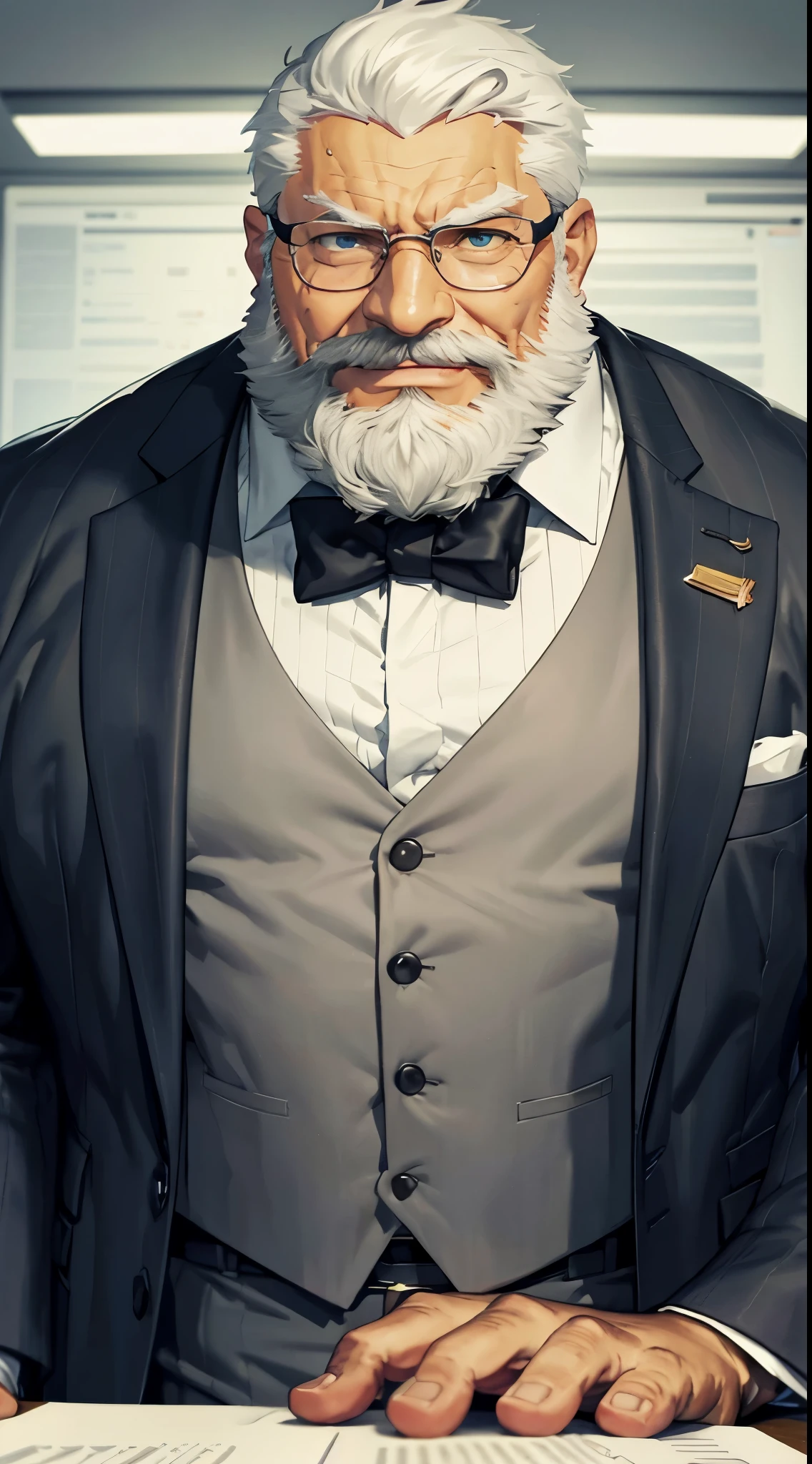 solo, 1boy, Huge Muscular Old man wearing suits and glasses, short white hair, bearded, mustache, office background, halfbody, looking to viewer, masterpiece, high detailed, 8k, high resolution