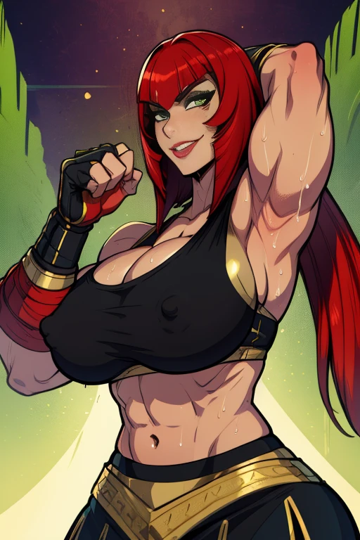 Marisa, green eyes, long hair, evil smile, looking at viewer, large breasts, muscular, mole under eye,
fingerless gloves, black sports bra with gold trim, black small skirt with gold trim,
upper body, standing, smile, covered nipples, cleavage, from below,
gym, sweat,
(insanely detailed, beautiful detailed face, masterpiece, best quality)
solo,