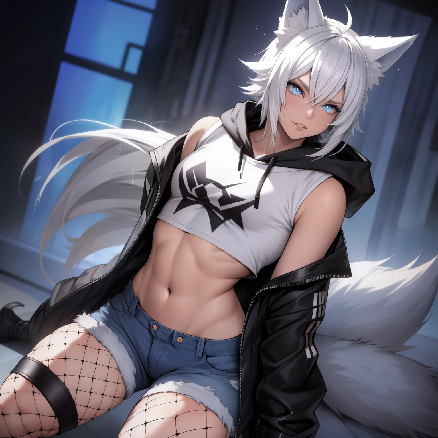 Single boy, Anime Femboy, Short, Long white hair, wolf ears, wolf tail, blue eyes, wearing short denim shorts, thigh high fishnets, black combat boots,wearing cropped fur lined hoodie, flat chest, super flat chest, wearing cropped t-shirt, solo femboy, only one femboy ((FLAT CHEST)) solo, alone, (SOLO)(ALONE) thicc thighs, wide hips, blue eyes, perfect eyes, perfect face, pouty lips, happy, curvy, sparkly blue eyes, has colorful japanese tattoos