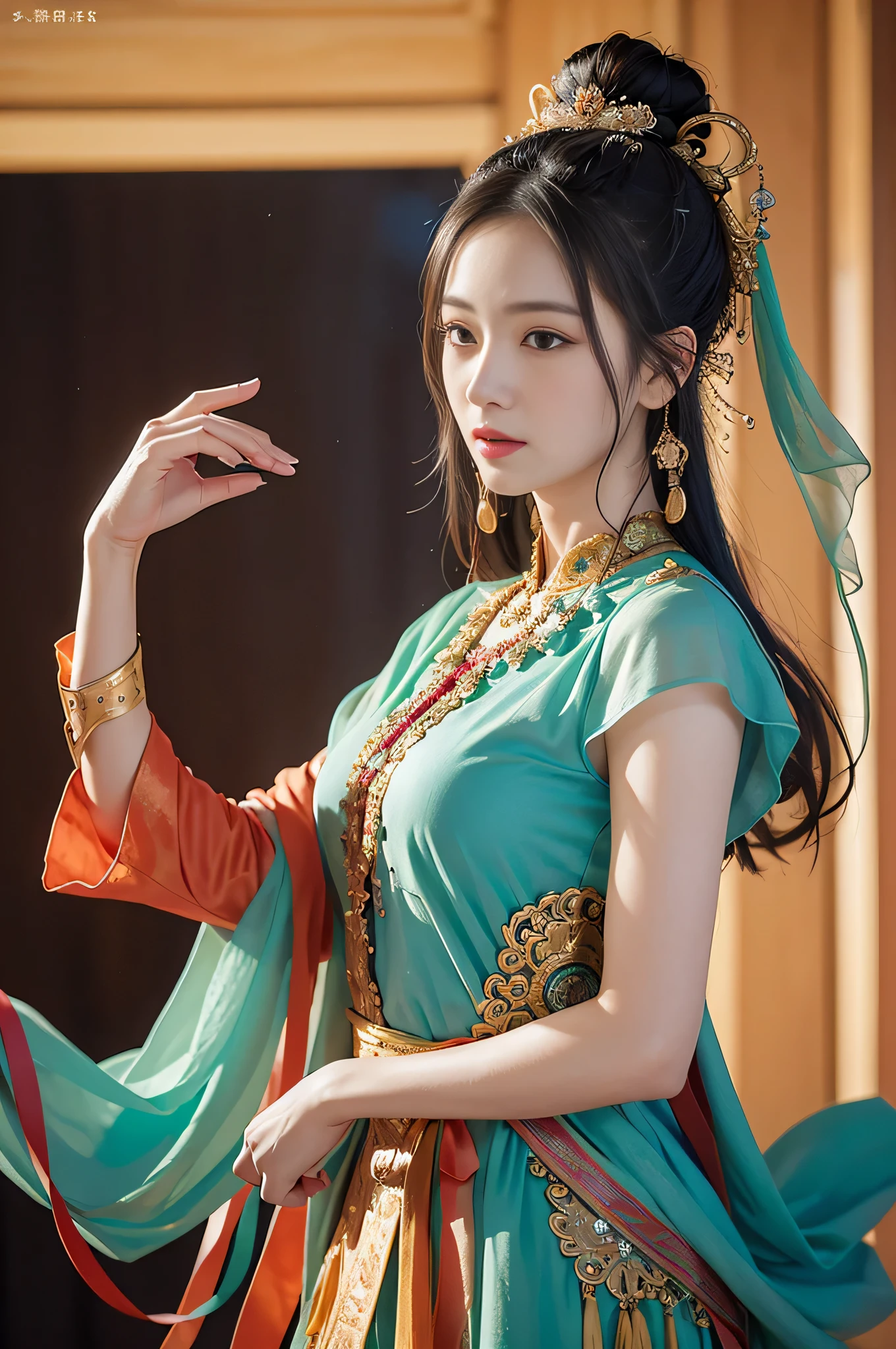 (Artist Ji Jian:1.2)、(Dunhuang Feitian Clothing:1.1)、(girl:0.9)、(colorful+neat long hair:1.2),Exquisite details,Overall gorgeous,True restoration,Exquisite workmanship,Ink background color,illumination,beautiful,light and dark,soft side light,full of inspiration,Excellent performance,fascinating。(world class quality:1.05)