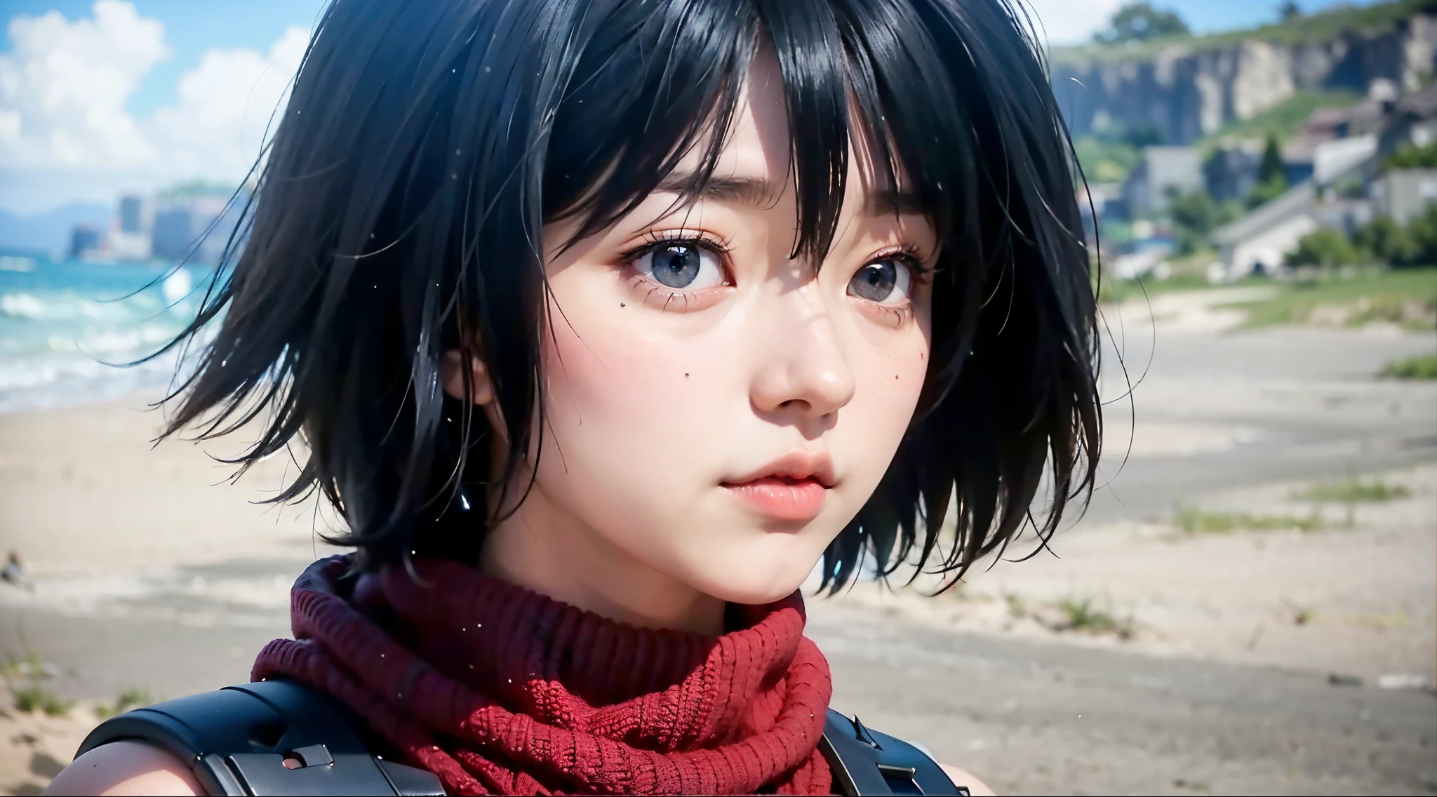Scars on the cheeks、sandy beach、detailed hair、、female:1.2、black hair、movie writing、red muffler:1.3、vest、white shirt、gray eyes、(vestクォリティ, 8K, 32K, muste piece, ticker:1.2)
