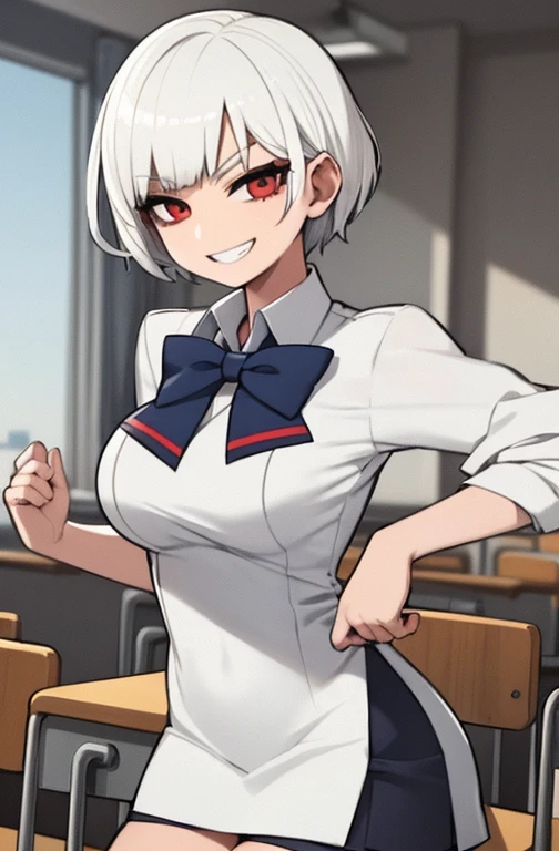 Girl with short white hair wears a very tight schoolgirl uniform and has a sadistic smile in a classroom 