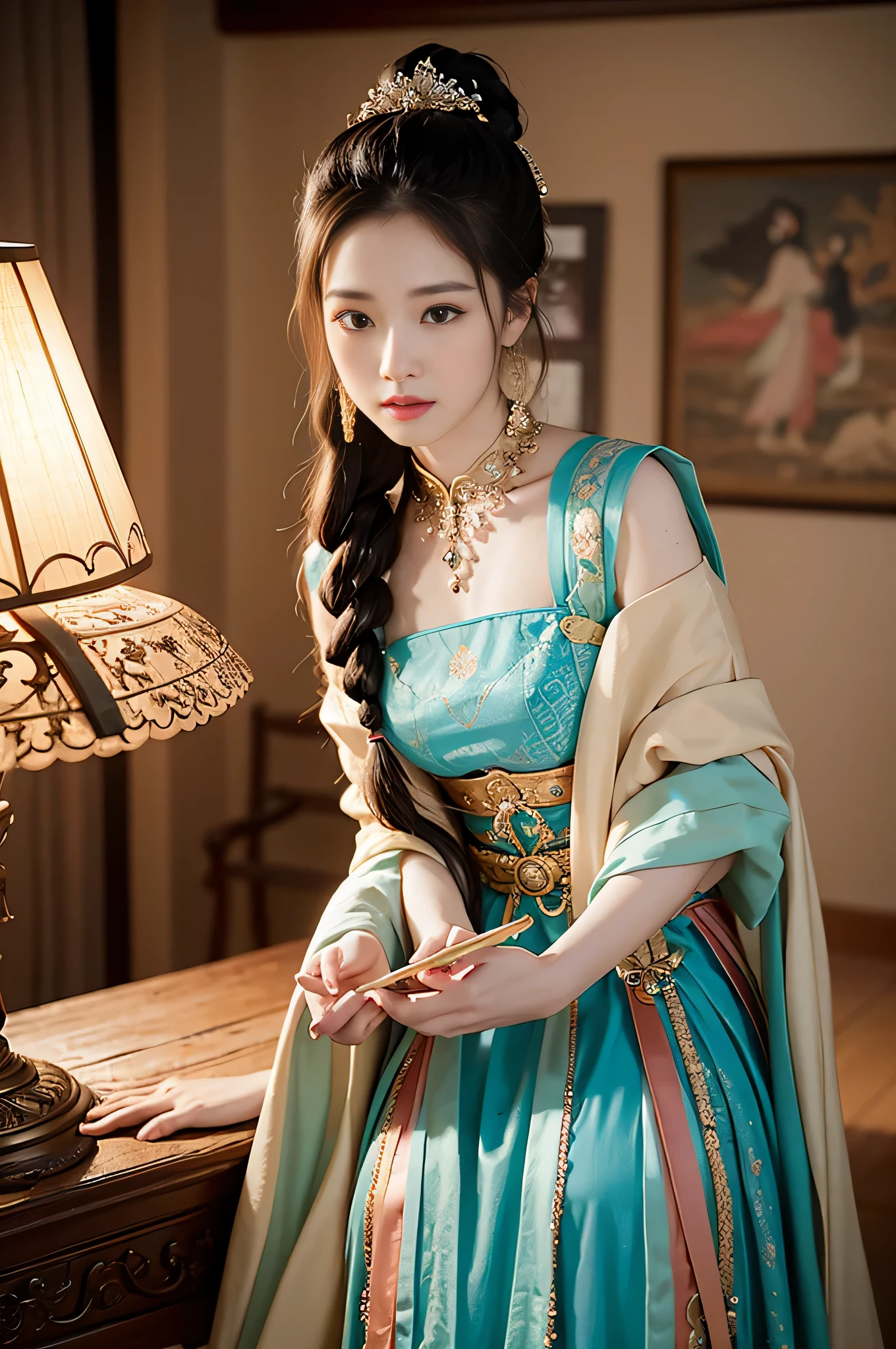 The body is shining with jewelry and jewelry, so beautiful. She wears a colorful hairstyle and a confident smile. Drag sister, cool sa, proud, confident, masterpiece, best quality, there is a woman sitting on the counter, wearing a necklace and dress, confident, dunhuang_style