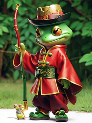 a frog, dressed in monk clothes and a Chinese hat, holding a fishing rod, a children's character.