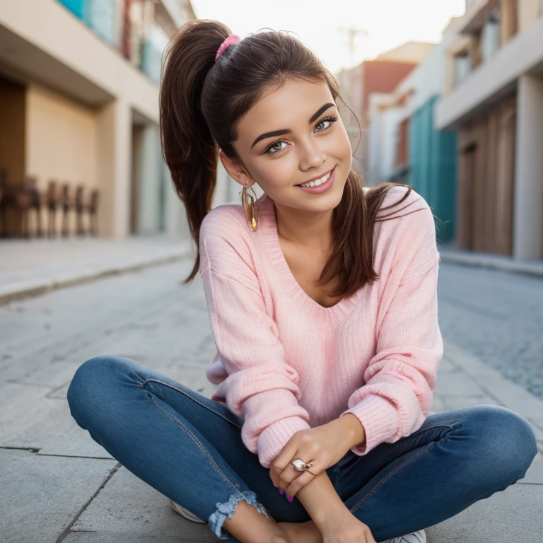 (obra maestra: 1.3), (8k, fotorrealista, foto RAW, mejor calidad: 1.4), (1girl) caucasian , Hermosa chica adolescente , adolescente europea , 15 years , brown light hair ,cabello largo: 1.pony tail, ojos azules , hermosos ojos detallados, (piel realista), piel hermosa , tiene un lunar , ultra-high-resolution, detallado, cuerpo delgado , brown haired girl with a ponytail and has a mole on her face, wears a striped sweater of 2 colors red and pink , jeans de color azul un poco remangados en los pies y zapatos negros , hermosa sonrisa , tienda de ropa , personas de fondo