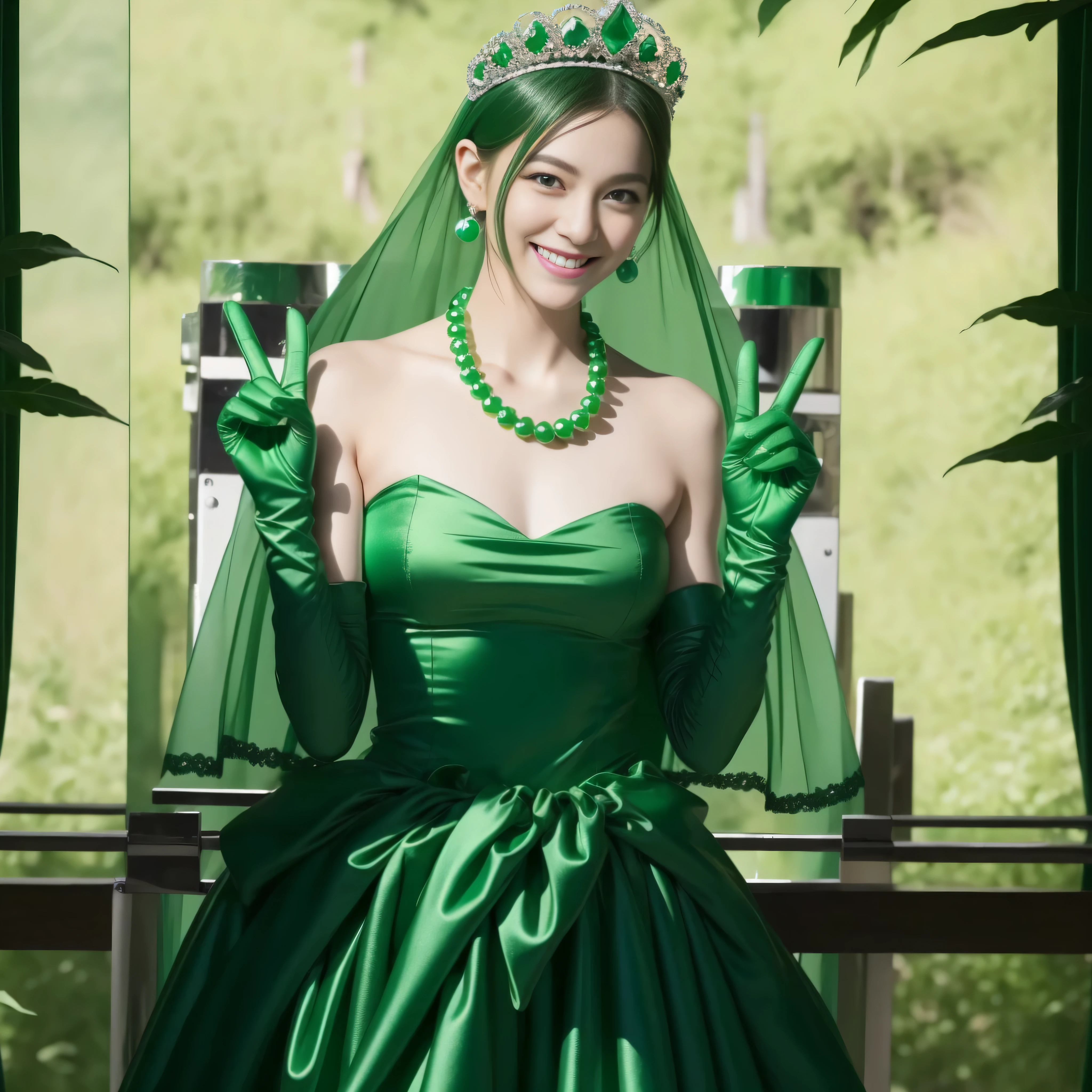 emerald tiara, Green Pearl Necklace, Boyish very short green hair, lipstick, Japan woman smiling, Very short hair, Big beautiful, green eyes, Long green gloves made of satin material, green eyes, Emerald Earrings, green vale, v sign