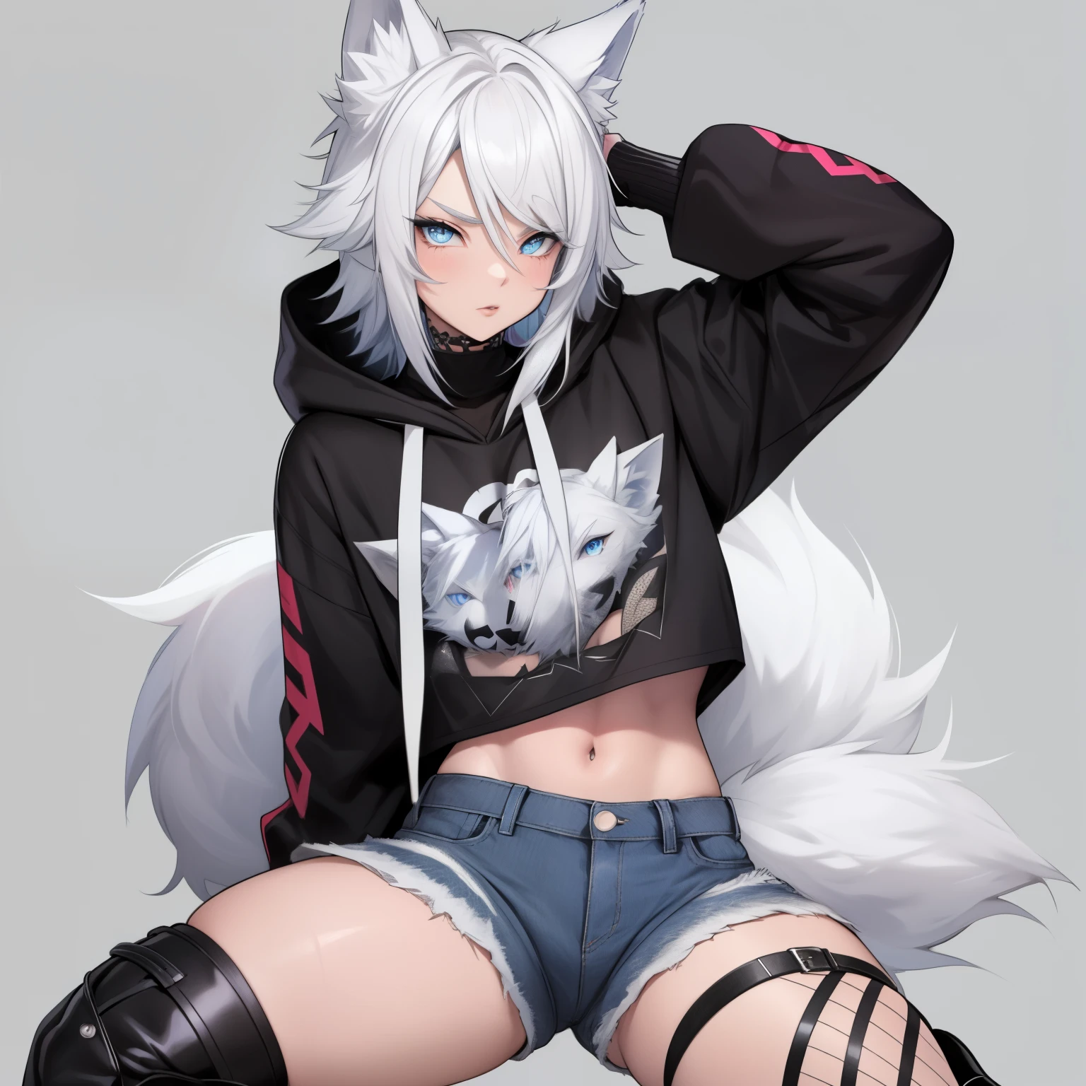 Single boy, Anime Femboy, Short, Long white hair, wolf ears, wolf tail, blue eyes, wearing short denim shorts, thigh high fishnets, black combat boots,wearing cropped fur lined hoodie, flat chest, super flat chest, wearing cropped t-shirt, solo femboy, only one femboy ((FLAT CHEST)) solo, alone, (SOLO)(ALONE) thicc thighs, wide hips, blue eyes, perfect eyes, perfect face, pouty lips, happy, curvy, sparkly blue eyes, has colorful japanese tattoos