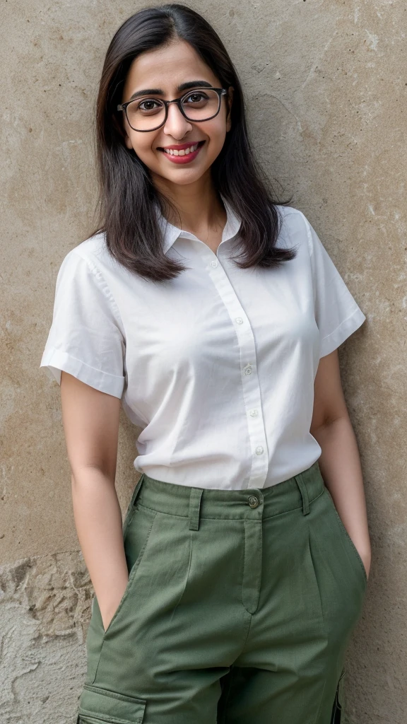 smiling woman with glasses wearing a white shirt and dark green cargo pants standing in front of a wall, this person does not exist, slight nerdy smile, wearing black rimmed glasses, 30 years old, frumpy appearance, slightly chubby, no makeup, rakul preet singh-amita suman-alba flores-andi dorfman-nadya suleman-ana ortiz merged, entire body visible, full body, hyperrealistic, best quality, 8K, real human skin, masterpiece, extremely intricate, medium closeup, detailed eyes, detailed face, detailed body, exaggerated features, pronounced features