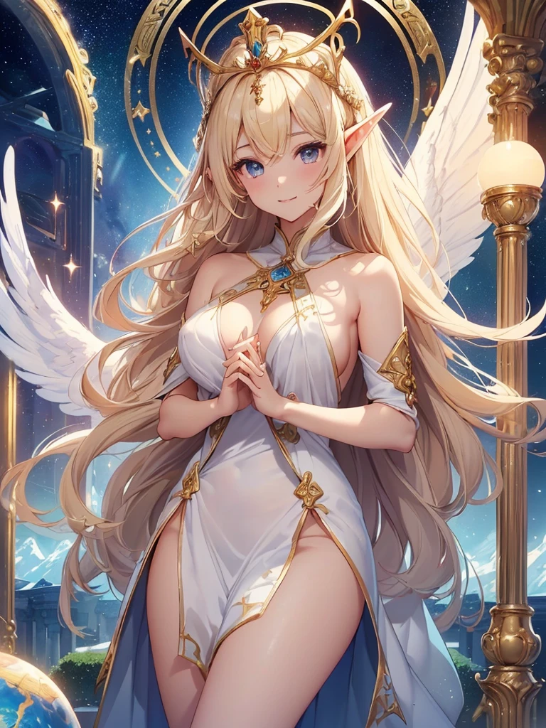 highest quality、Highest image quality、masterpiece、Super beautiful elf beauty((22 years old OL big bust、Bust 90,beautiful long ironed hair、blonde、(優しくお祈り🙏1.9)globe、、slender、Close-up、Esbian、beautiful tiara、High quality、beautiful art、background((starry ski)))muste piece、visual art、Depth of the bounds written、low angle of morning sky、、elf ears、、light magic、Space Knight、harp melody🎵、A happy smile、gentle light、、Beautiful legs that are gentle on the skin、、、Number of fingers to achieve precise finger movements、ticker beautiful decorative、elegant、Mystical rosa、 Heaven、Marble pillars, beautiful dressy、magnificent marble dome、Huge galaxy、religious painting、holding the earth、Temple of Time、Great watch、hourglass、sundial、moment of creation!myth、、pray with both hands together、full nude、nsfw,nude,sexy,Aphrodite、symmetry、Angel's wing、beautiful wings