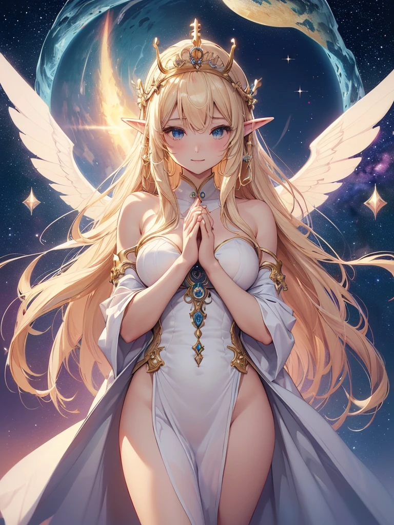 highest quality、Highest image quality、masterpiece、Super beautiful elf beauty((22 years old OL big bust、Bust 90,beautiful long ironed hair、blonde、(優しくお祈り🙏1.9)globe、、slender、Close-up、Esbian、beautiful tiara、High quality、beautiful art、background((starry ski)))muste piece、visual art、Depth of the bounds written、low angle of morning sky、、elf ears、、light magic、Space Knight、harp melody🎵、A happy smile、gentle light、、Beautiful legs that are gentle on the skin、、、Number of fingers to achieve precise finger movements、ticker beautiful decorative、elegant、Mystical rosa、 Heaven、Marble pillars, beautiful dressy、magnificent marble dome、Huge galaxy、religious painting、holding the earth、Temple of Time、Great watch、hourglass、sundial、moment of creation!myth、、pray with both hands together、full nude、nsfw,nude,sexy,Aphrodite、symmetry、Angel's wing、beautiful wings