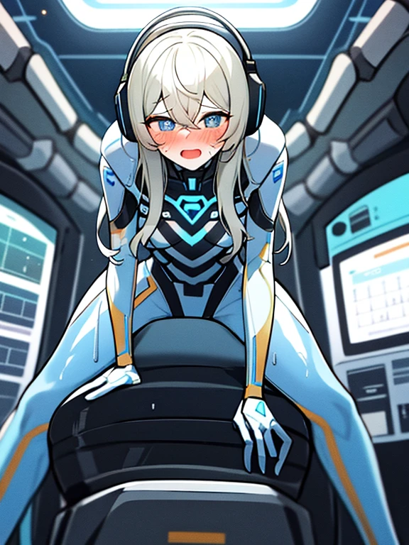 （Equestrian machine):1.3、乗馬マシーンにstraddle、straddle:1.3,Tubes and cables、holds the smartphone in her hand、(Interior of white cyberpunk futuristic space station)、1 girl、solo、full body painting、chest、Sweat、tears、heart-shaped pupil、Ahegao、Steamed body、(Golden hair):1.1,(White bodysuit):1.2、(Futuristic latex bodysuit space suit):1.1,headphone、V arm、(blush:1.3)