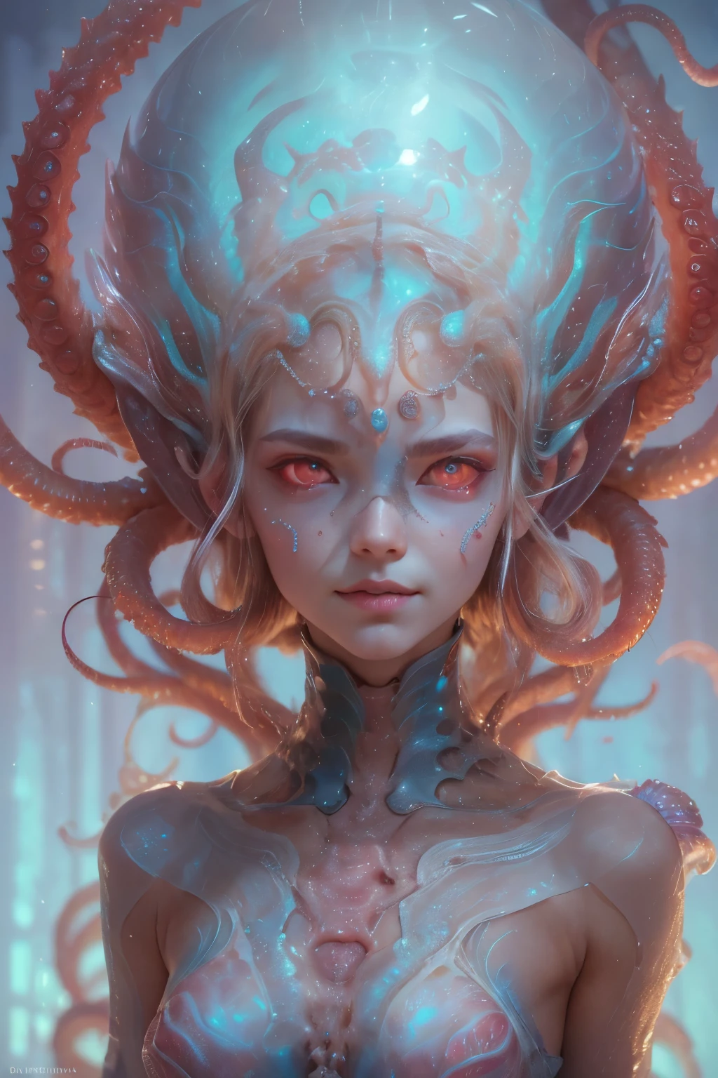 Portrait, (beautiful female alien:1.2), (she has red eyes with no pupils:1.8), (Translucent skin:1.7), (There is a female genital-like organ in the middle of the forehead:1.9), (The most beautiful face in the history of the universe:1.2),an evil gaze that seduces, (large mouth:1.1), (sharp teeth like a vampire:1.2), Full body portrait, (bio luminescent:1.5), (Smile wickedly:1.3), (sexypose:1.5), alien, No humans, cells are fused, (Lots of translucent tentacles:1.3) extraterrestrial, cell, bio image, best quality, 8K,In 4K_quality, High freshness, Dramatic Lighting, masutepiece:1.5,cinematic quality, detail up, (exquisite details:1.2), high resolution, High freshness, drawing faithfully, (Thick eyebrows:1.2), Beautiful eyes with fine symmetry,(Highly detailed face and eyes:1.2), Intimate face, (Super detailed skin quality feeling:1.4), perfect anatomy, (Beautiful toned body:1.5), (Moist skin:1.2), not wearing makeup, (dark circles:1.1), long canines, cinematic drawing of characters, ultra high quality model, cinematic quality, detail up, (exquisite details:1.2), high resolution, High freshness, drawing faithfully, official art, Unity 8K Wall , 8K Portrait, best quality, Very high resolution, ultra detailed artistic photography, midnight aura, unreal engine 5, Ultra Sharp Focus, art by alberto seveso, ArtGerm, Roisch, intricate artwork, best quality, masterpiece, ultra high resolution, (photos realistic:1.4), ultra realistic realism, dream-like, nautilus, Creation of fantasy, Snail, Dream Snail, (biopunk nautilus:1.3),Thrilling color schemes, ultra realistic realism, seductively smiling, Blue tentacles,