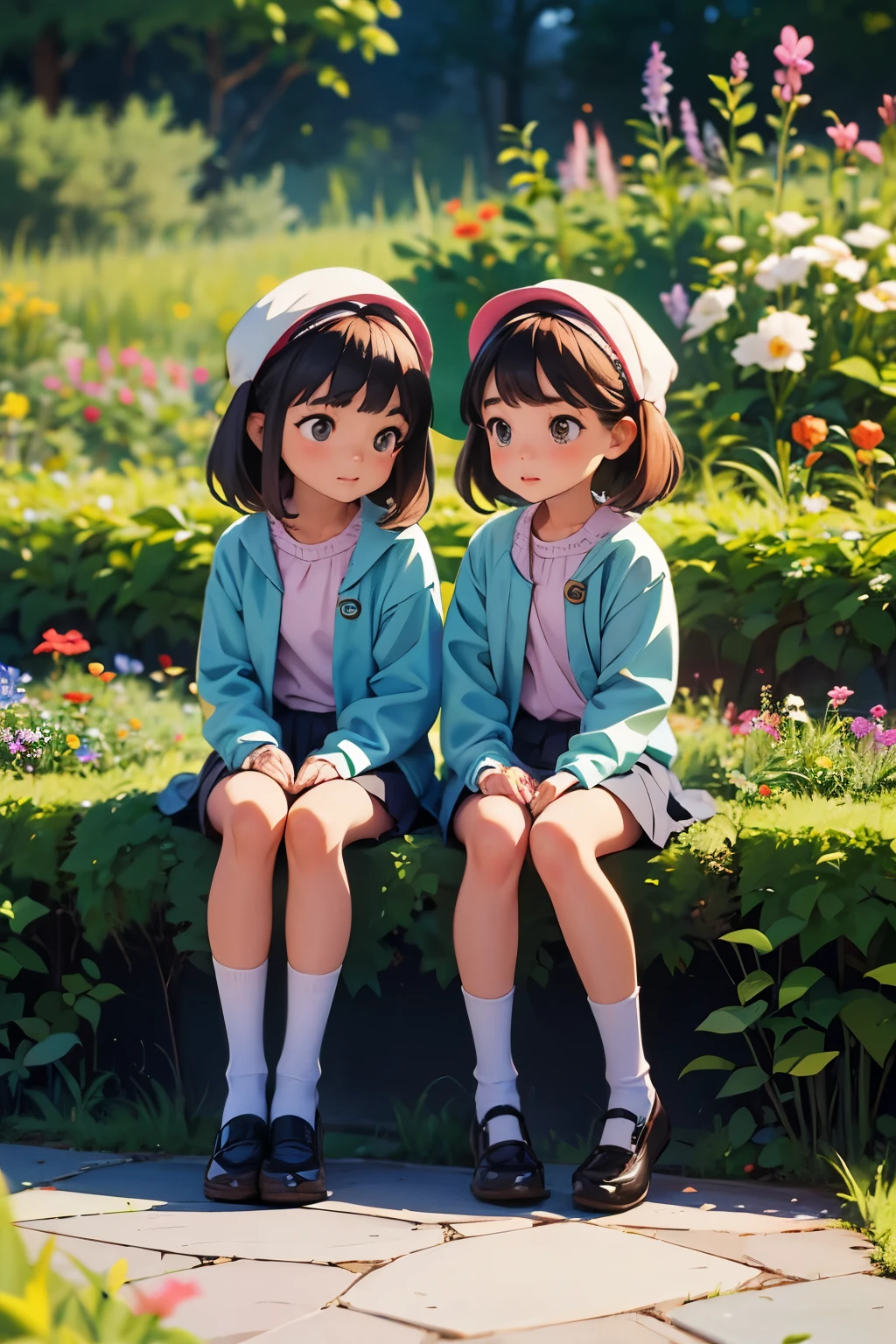 Two identical  girls，same age，same clothes，twin，garden