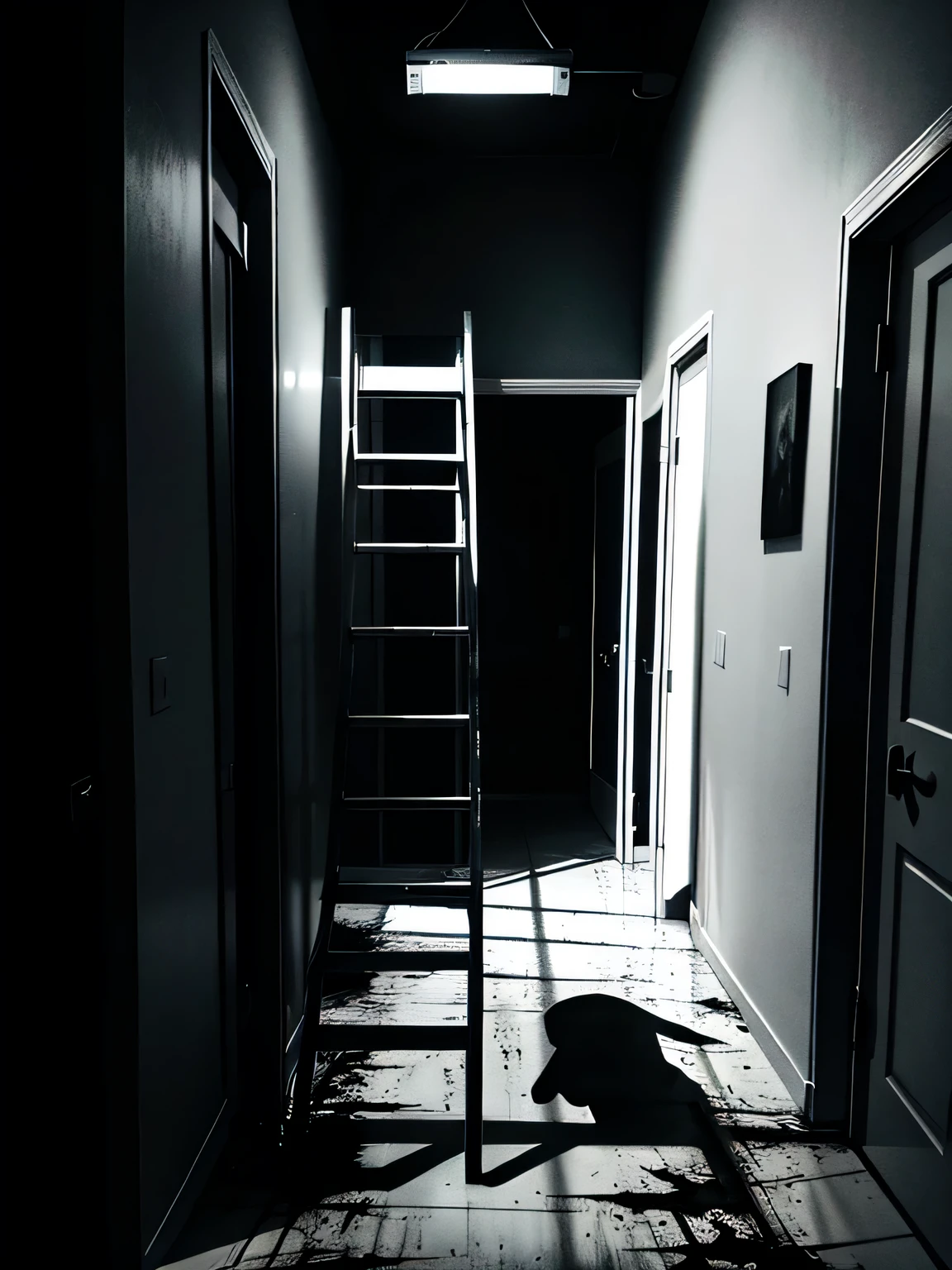 Dark art, ((horror art)), single folding aluminum ladder, a dark room, black apartment, shaded lighting, very detailed