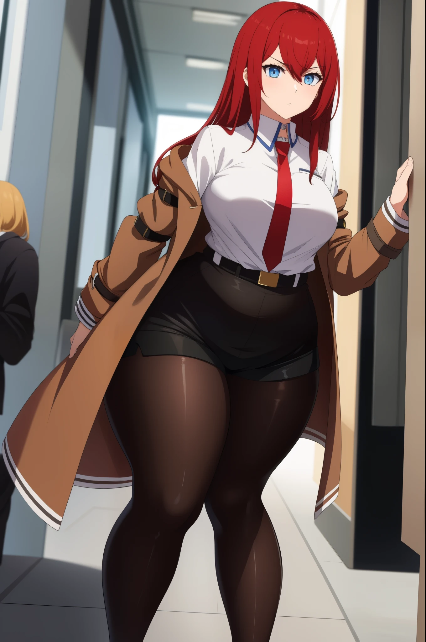 (masterpiece, best quality),  intricate details,
1girl,  
 kurisu makise, hair between eyes, hair over shoulder, long hair, (blue eyes:1.1), red hair, straight hair,, black pantyhose, black shorts, brown coat, coat, collared shirt, long sleeves, necktie, pantyhose, pantyhose under shorts, shirt, short shorts, shorts, sleeves past wrists, white shirt, wing collar, Obese, (Massive belly:1.0), ((wide hips:1.6)), large boobs, small waist