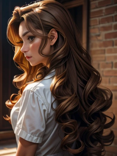 (( background view)), facing away from the camera, ((background view): 1.0), a woman, 30 years old, (feminine beauty), ((Perfect Skin)), light tanned skin, ((Long curly hair, light brown hair): 1.4)