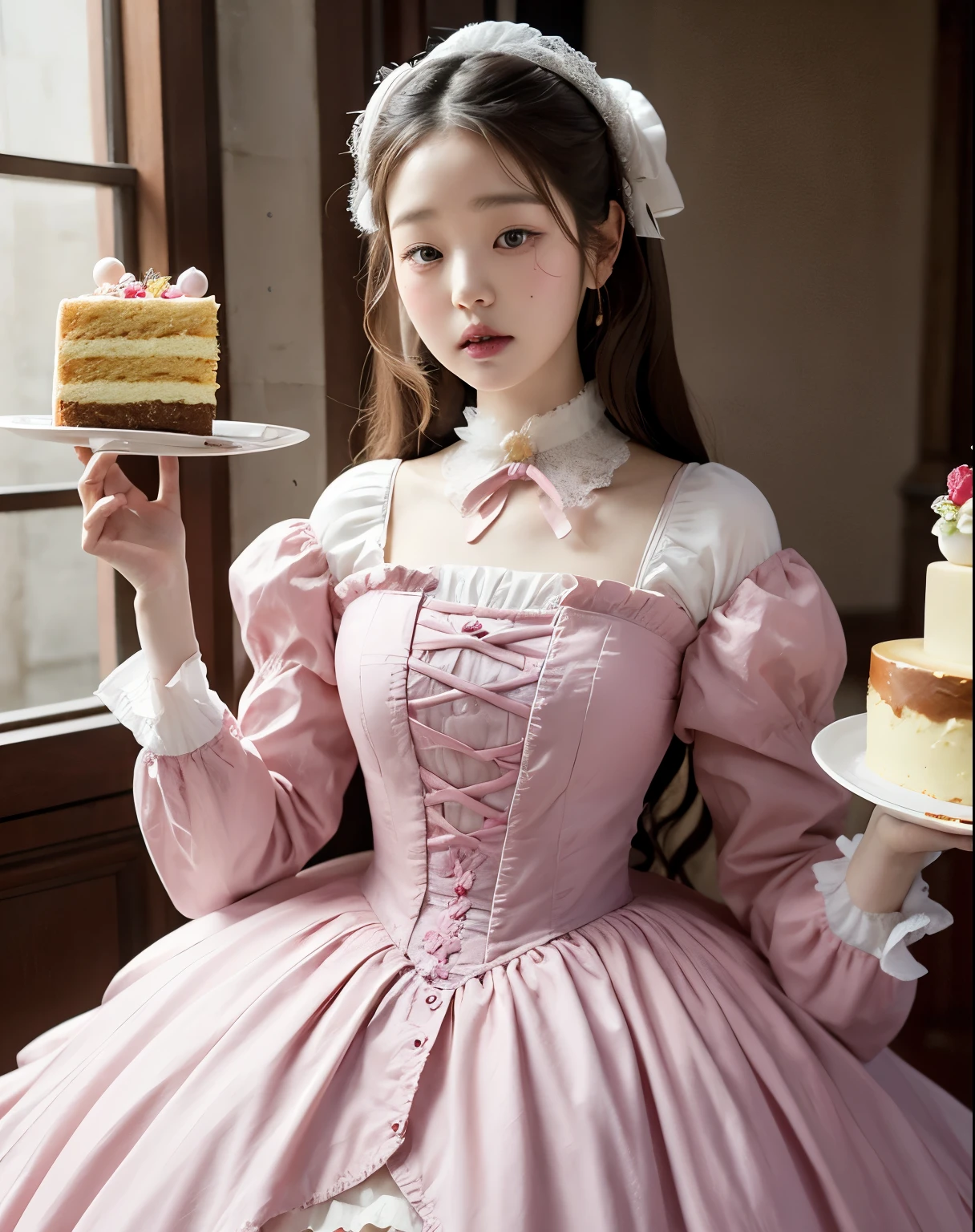 Portrait of Wonyoung in a Victorian beautiful and elegant dress based on Marie Antionette style, she’s has a slice of cake in her left hand and is looking at the cámara, there is a Victorian background and cake everywhere. All pastel color scheme. High quality.
