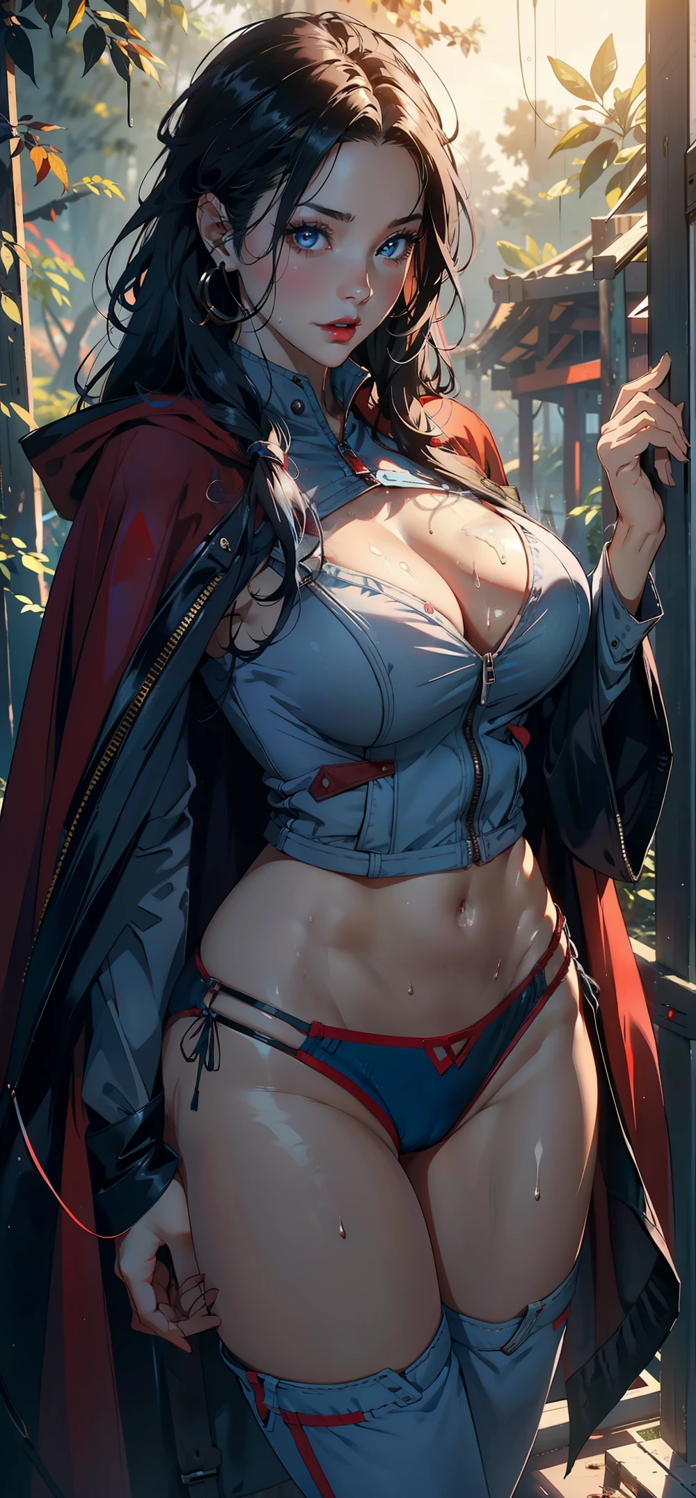 1 female,35 years old,,slim,expensive,Huge cleavage breasts thin waist,thin legs,porn exposure, solo,(With background:in the forest,tropical rain forest,In summer) She has long blue hair,standing on one's own feet,sweat a lot,Full body soaked,Seen from the front, hair straight, mostly cloudy sky,(((master piece),(Highly detailed CG Unity 8k wallpaper),best quality,cinematic lighting,Detailed background,Beautiful detailed pupil color eyes,red lip(very elegant and beautiful),(Beautiful and detailed eye depiction),super detailed,master piece,)),towards the camera,High resolution,super detailed),expose one's genitals, Lower body height,sexy and exciting,Glossy skin of camel toe,opened mouth,frontage,ox,(wear:red cloak,denim pants,white shirt),