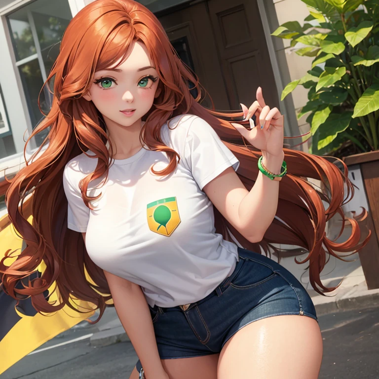 (1women) , (23 year old) , (Medium wavy redhead) , (light brown skin) , (green eyes) , (curvy body) , mocking look , sexy school clothes , colombia flag bracelet on your forearm