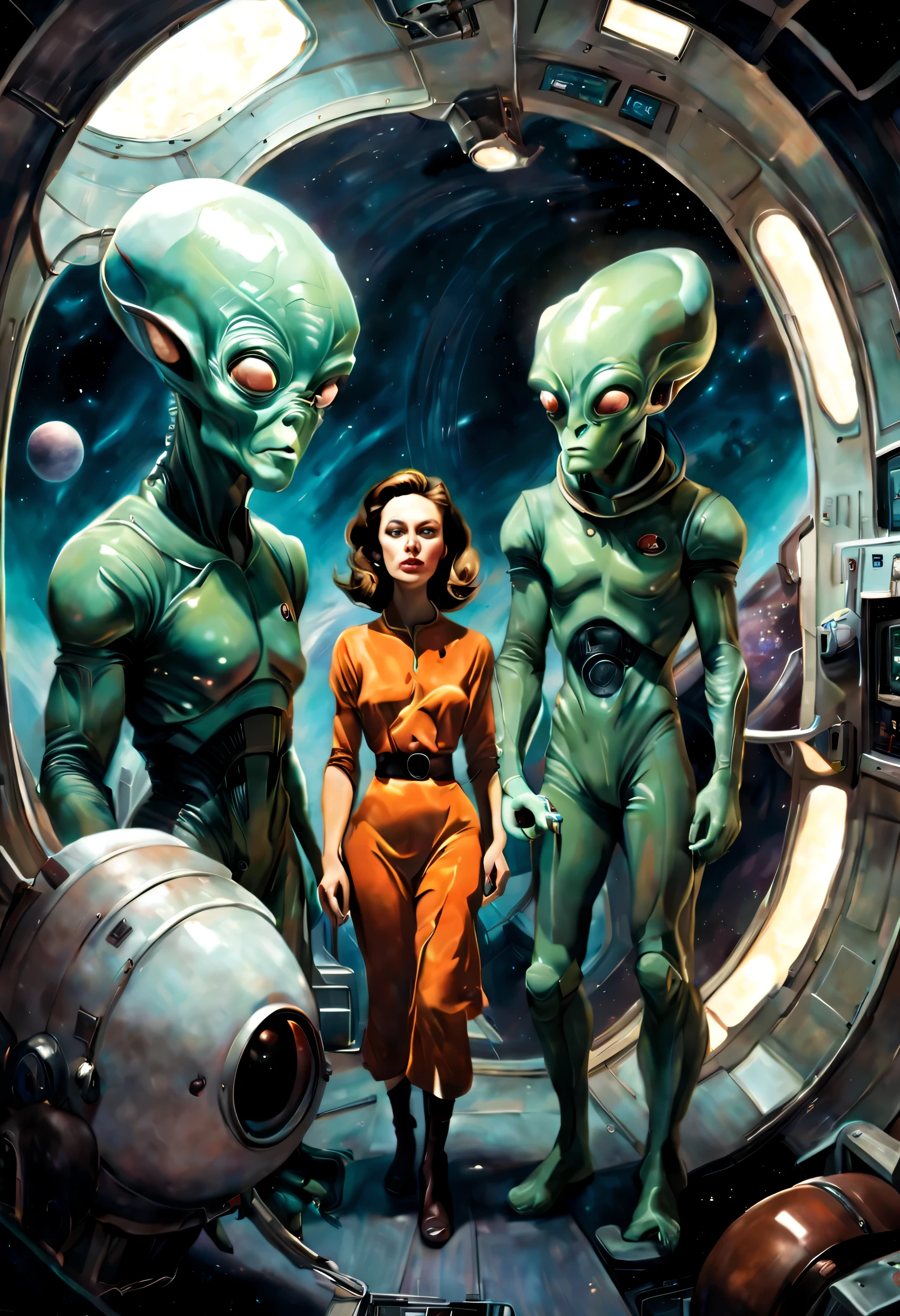 painting of a couple of alien men and a woman in a space station, retro sci - fi art, inspired by Kelly Freas, by Dave Arredondo, pulp scifi illustration, inspired by Jim Burns, alex gross, beeple and jeremiah ketner, sci-fi illustrations, sci - fi illustrations, frank kelly freas, by Alex Horley
