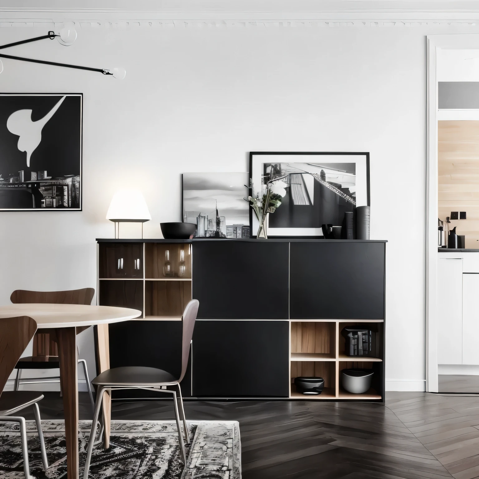 Close-up of dining table and chairs,There a photo hanging on the wall, Apartment with black walls, Scandinavian style, Scandinavian design, black furniture, city apartment, Scandinavian, cabinet furniture, apartment design, Art Student Apartment, Dark and modern, modern style, Luxury Apartment, by Vadim Melai, wooden cabinet, ikea style, and beautiful