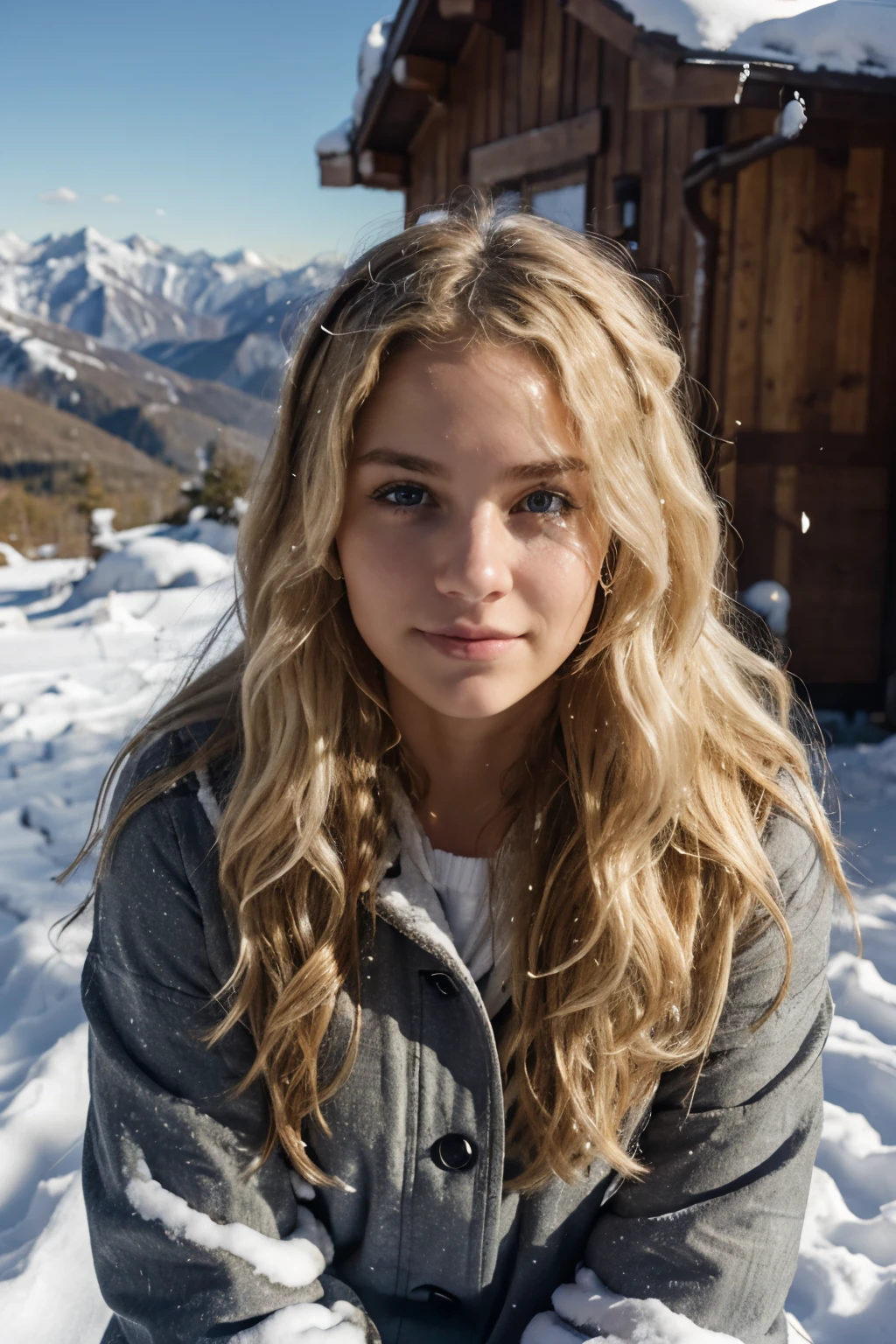 Blonde girl with wavy hair, in the mountains in the snow