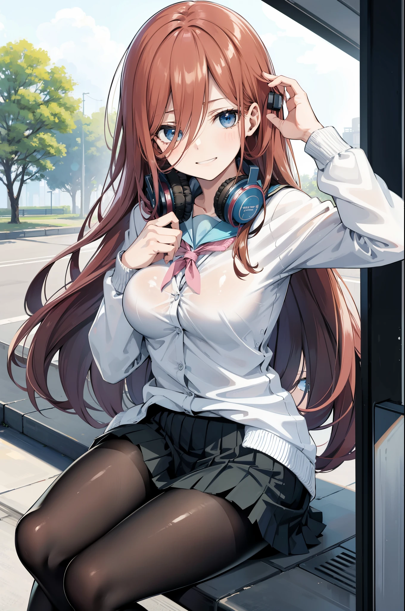 (masterpiece), best quality, expressive eyes, perfect face, highres, 1 girl, solo, miku nakano, long hair, bangs, blue eyes, brown hair, shirt, hair between eyes, headphones, cardigan, headphones around neck, skirt, shirt, long sleeves, white shirt, pantyhose, pleated skirt, black pantyhose, cardigan, green skirt, blue cardigan, outdoor, schoolyard, smiling, sitting on floor, portrait, looking at the viewer,
