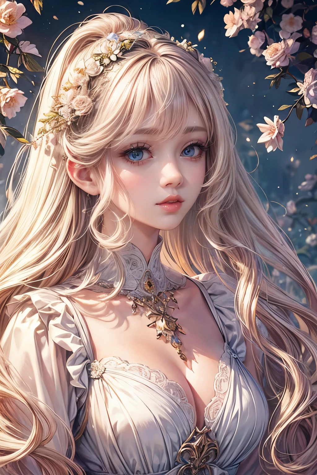 (best quality,8K,CG),detailed upper body,lonely girl,floral forest background,complex facial features,elegant long curly hair,almond-shaped big eyes,detailed eye makeup,long eyelashes,twinkling stars,exquisite lip details,soft and harmonious style.