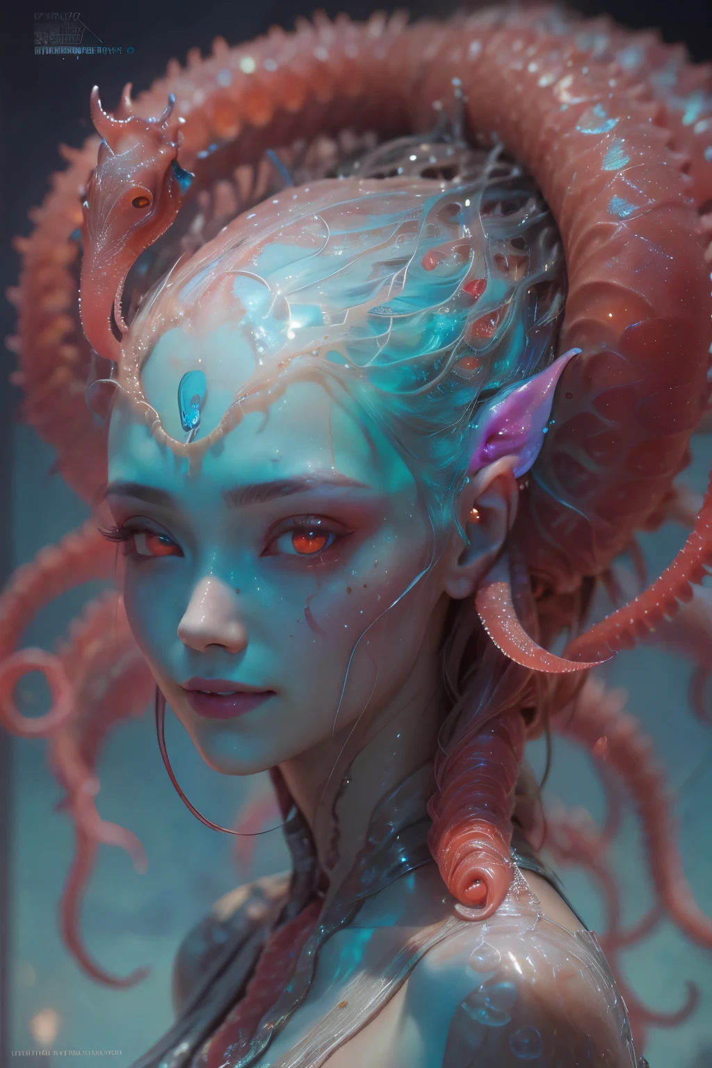 Portrait, (beautiful female alien:1.2), (she has red eyes with no pupils:1.8), (Translucent skin:1.7), (There is a female genital-like organ in the middle of the forehead:1.9), (The most beautiful face in the history of the universe:1.2),an evil gaze that seduces, (large mouth:1.1), (sharp teeth like a vampire:1.2), Full body portrait, (bio luminescent:1.5), (Smile wickedly:1.3), (sexypose:1.5), alien, No humans, cells are fused, (Lots of translucent tentacles:1.3) extraterrestrial, cell, bio image, best quality, 8K,In 4K_quality, High freshness, Dramatic Lighting, masutepiece:1.5,cinematic quality, detail up, (exquisite details:1.2), high resolution, High freshness, drawing faithfully, (Thick eyebrows:1.2), Beautiful eyes with fine symmetry,(Highly detailed face and eyes:1.2), Intimate face, (Super detailed skin quality feeling:1.4), perfect anatomy, (Beautiful toned body:1.5), (Moist skin:1.2), not wearing makeup, (dark circles:1.1), long canines, cinematic drawing of characters, ultra high quality model, cinematic quality, detail up, (exquisite details:1.2), high resolution, High freshness, drawing faithfully, official art, Unity 8K Wall , 8K Portrait, best quality, Very high resolution, ultra detailed artistic photography, midnight aura, unreal engine 5, Ultra Sharp Focus, art by alberto seveso, ArtGerm, Roisch, intricate artwork, best quality, masterpiece, ultra high resolution, (photos realistic:1.4), ultra realistic realism, dream-like, nautilus, Creation of fantasy, Snail, Dream Snail, (biopunk nautilus:1.3),Thrilling color schemes, ultra realistic realism, seductively smiling, Blue tentacles,