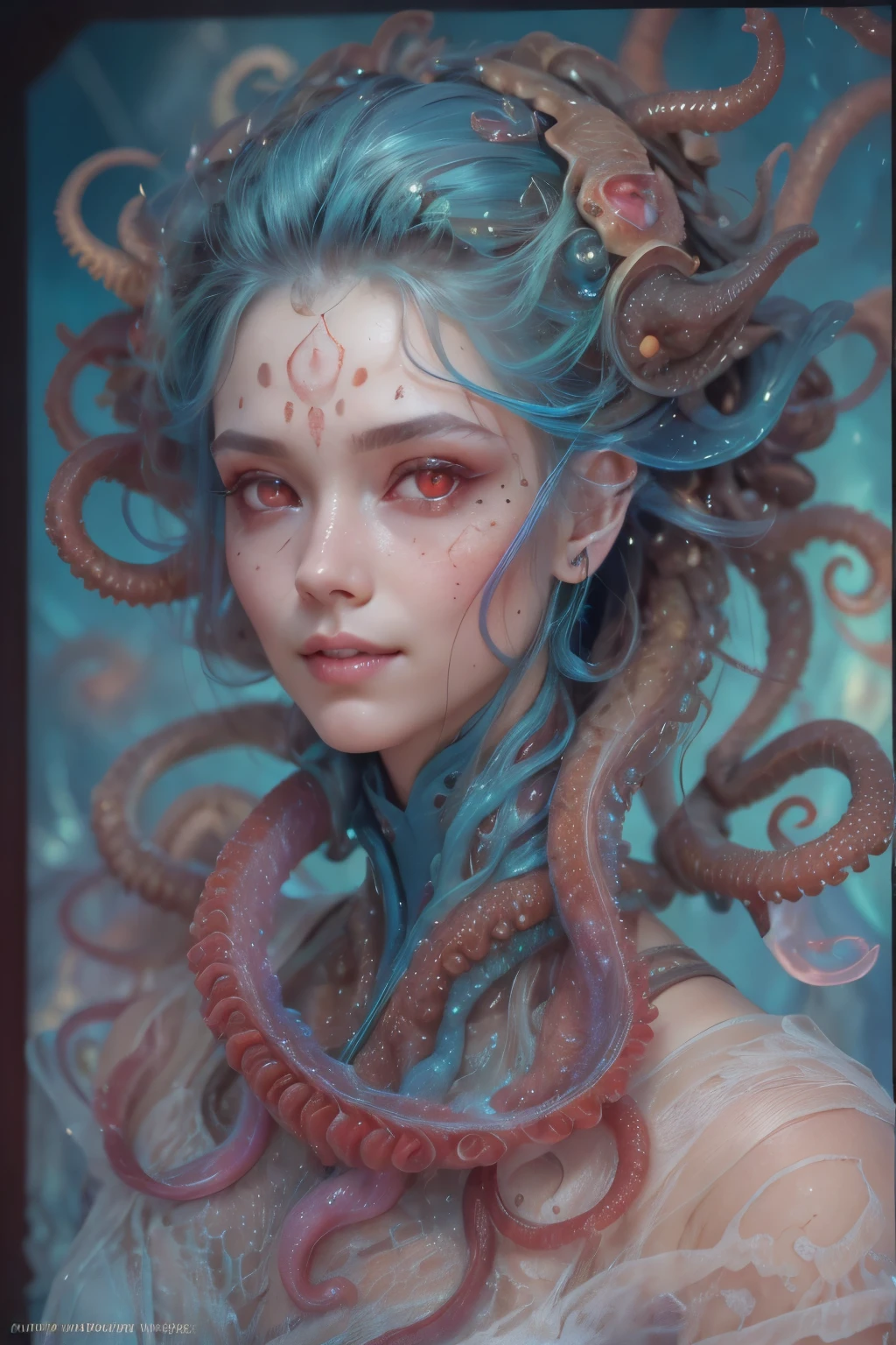 Portrait, (beautiful female alien:1.2), (she has red eyes with no pupils:1.8), (Translucent skin:1.7), (There is a female genital-like organ in the middle of the forehead:1.9), (The most beautiful face in the history of the universe:1.2),an evil gaze that seduces, (large mouth:1.1), (sharp teeth like a vampire:1.2), Full body portrait, (bio luminescent:1.5), (Smile wickedly:1.3), (sexypose:1.5), alien, No humans, cells are fused, (Lots of translucent tentacles:1.3) extraterrestrial, cell, bio image, best quality, 8K,In 4K_quality, High freshness, Dramatic Lighting, masutepiece:1.5,cinematic quality, detail up, (exquisite details:1.2), high resolution, High freshness, drawing faithfully, (Thick eyebrows:1.2), Beautiful eyes with fine symmetry,(Highly detailed face and eyes:1.2), Intimate face, (Super detailed skin quality feeling:1.4), perfect anatomy, (Beautiful toned body:1.5), (Moist skin:1.2), not wearing makeup, (dark circles:1.1), long canines, cinematic drawing of characters, ultra high quality model, cinematic quality, detail up, (exquisite details:1.2), high resolution, High freshness, drawing faithfully, official art, Unity 8K Wall , 8K Portrait, best quality, Very high resolution, ultra detailed artistic photography, midnight aura, unreal engine 5, Ultra Sharp Focus, art by alberto seveso, ArtGerm, Roisch, intricate artwork, best quality, masterpiece, ultra high resolution, (photos realistic:1.4), ultra realistic realism, dream-like, nautilus, Creation of fantasy, Snail, Dream Snail, (biopunk nautilus:1.3),Thrilling color schemes, ultra realistic realism, seductively smiling, Blue tentacles,