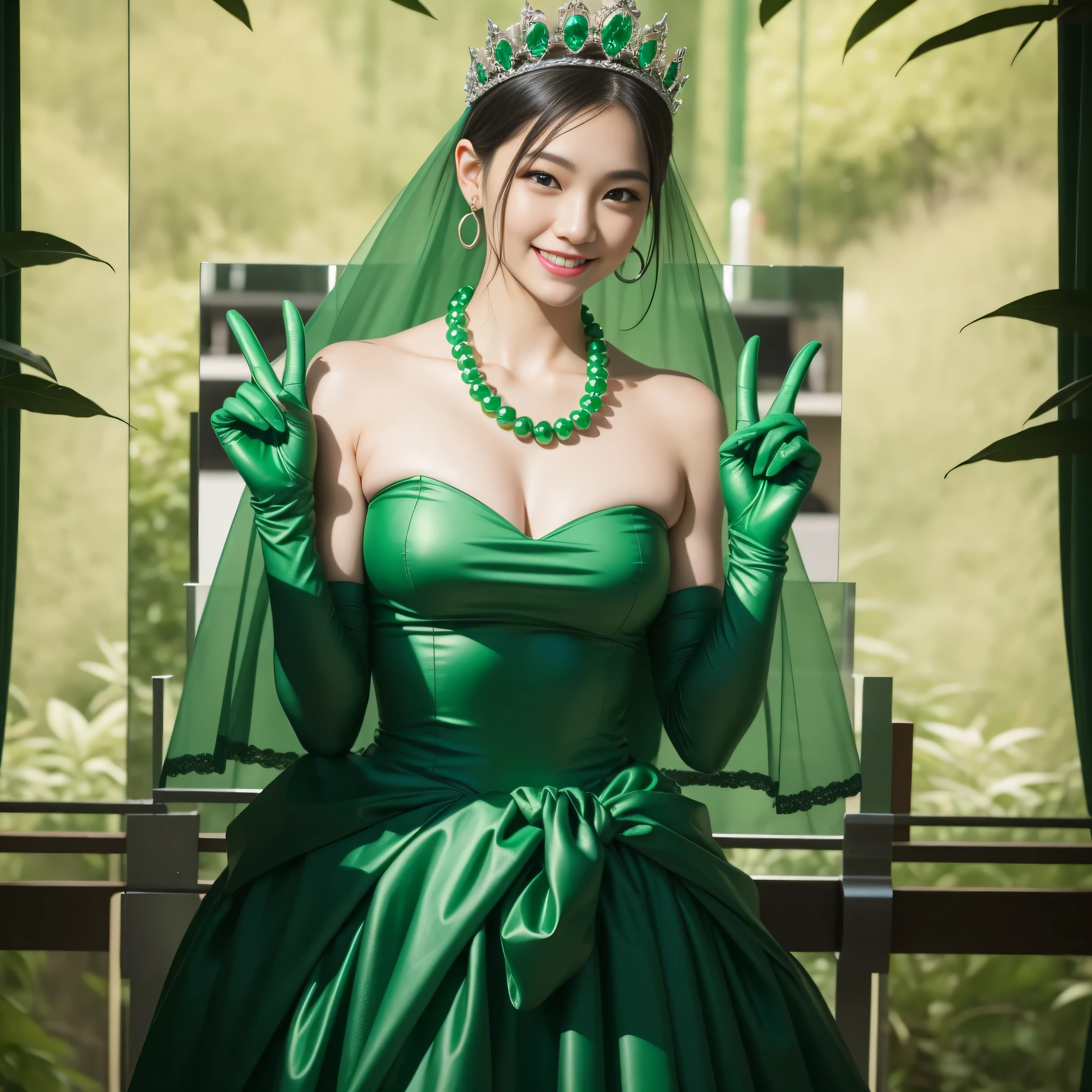 emerald tiara, Green Pearl Necklace, Boyish very short green hair, lipstick, Japan woman smiling, Very short hair, Big beautiful, green eyes, Long green gloves made of satin material, green eyes, Emerald Earrings, green vale, v sign