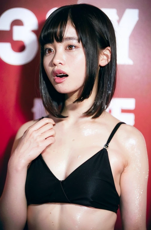 highest quality, masterpiece, ultra high resolution, (realistic:1.4), RAW photo, 1 girl, black hair, shiny skin, wet body, small bikini, big breasts, wet skin, open your mouth wide, protruding nipples, rolloneseyes, stick out tongue