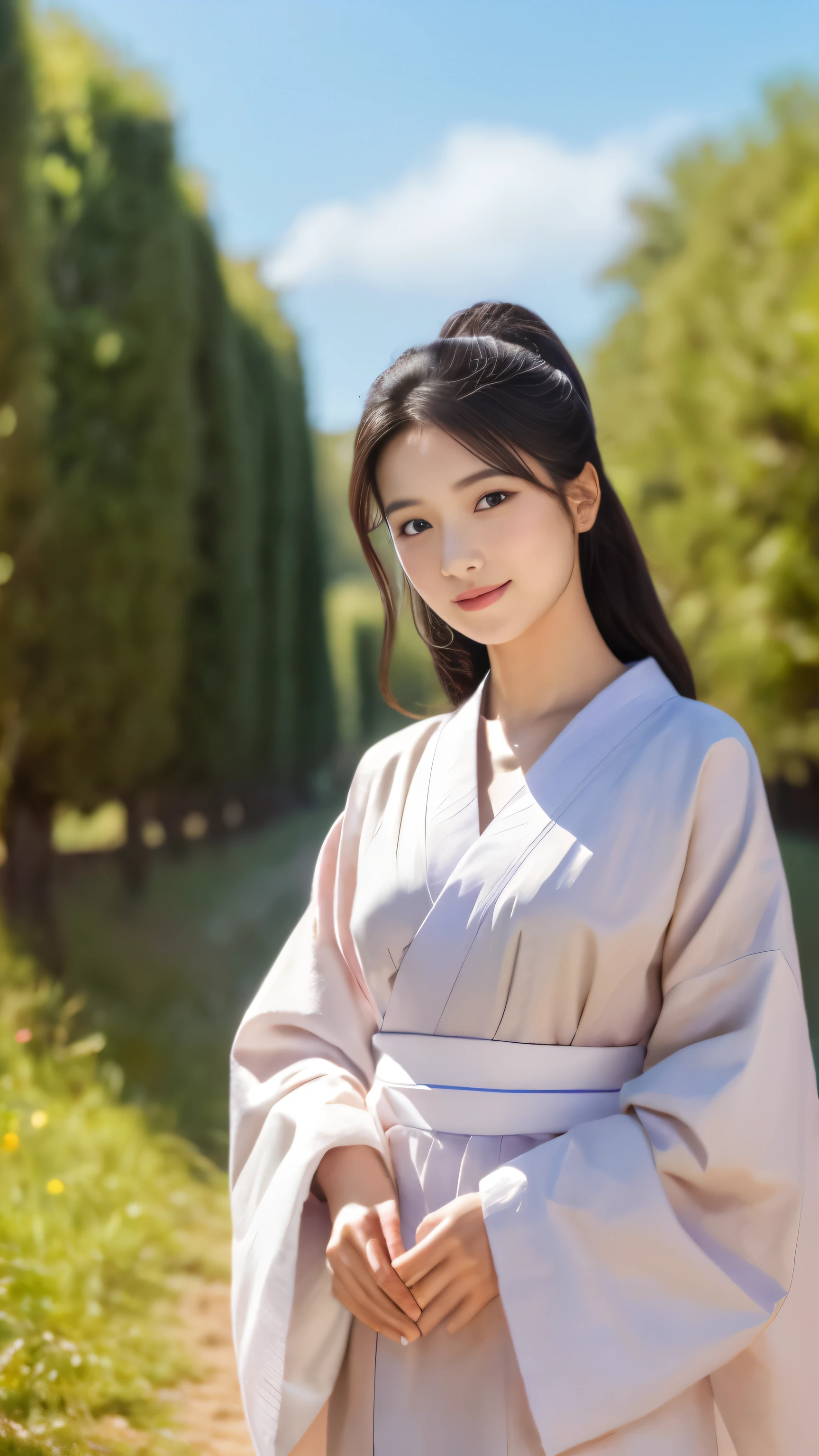 high quality images,alone, 1 girl, eye details,, chestnut hair, looking at the viewer, portrait, detailed drawings and faces, long hair, closed mouth,Unparalleled beauty details,The surroundings are shining, pink kimono,Full body high-definition painting,blue sky and white clouds,Full body high-definition painting,