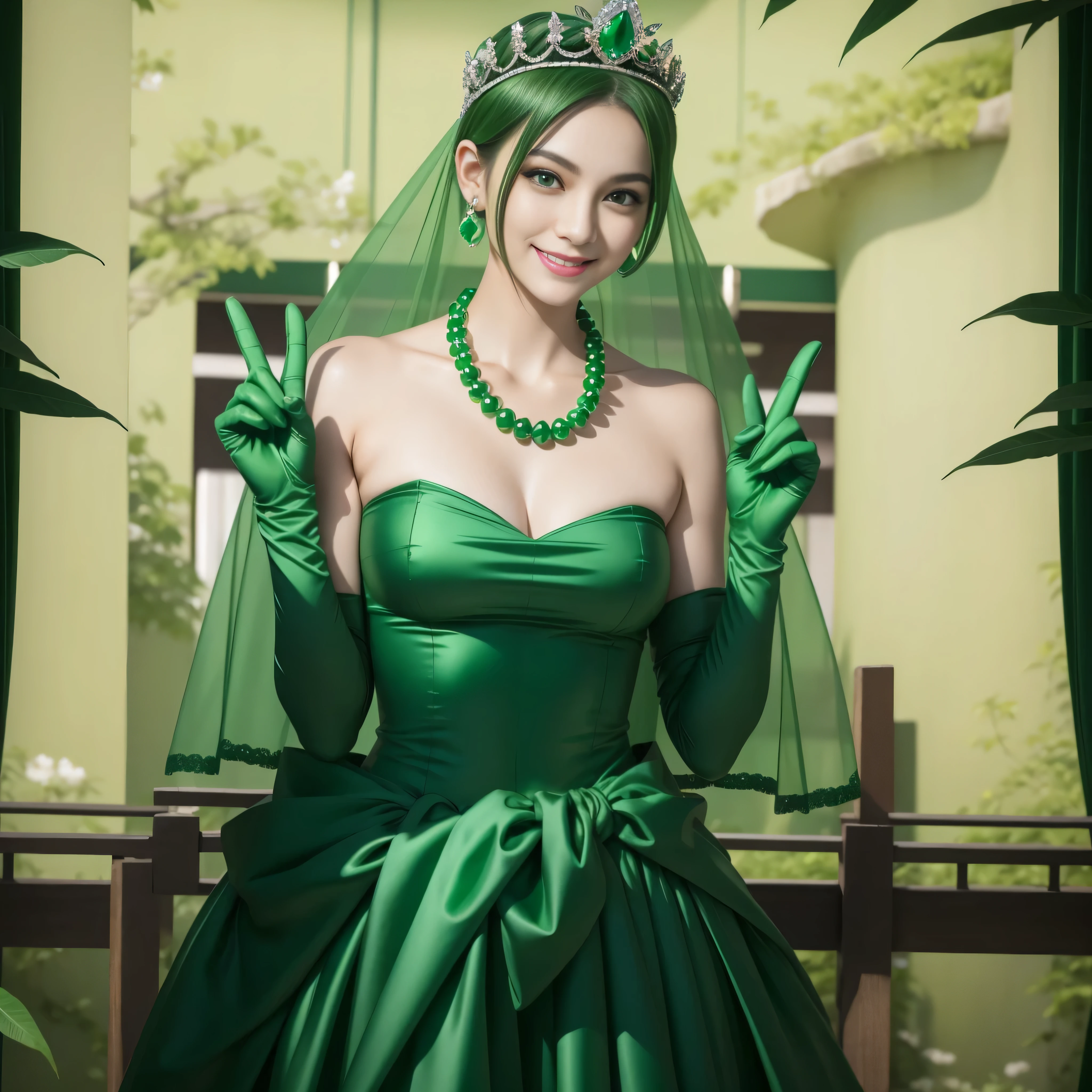emerald tiara, Green Pearl Necklace, Boyish very short green hair, lipstick, Japan woman smiling, Very short hair, big breasts beautiful, green eyes, Long green gloves made of satin material, green eyes, v sign, Emerald Earrings, green vale