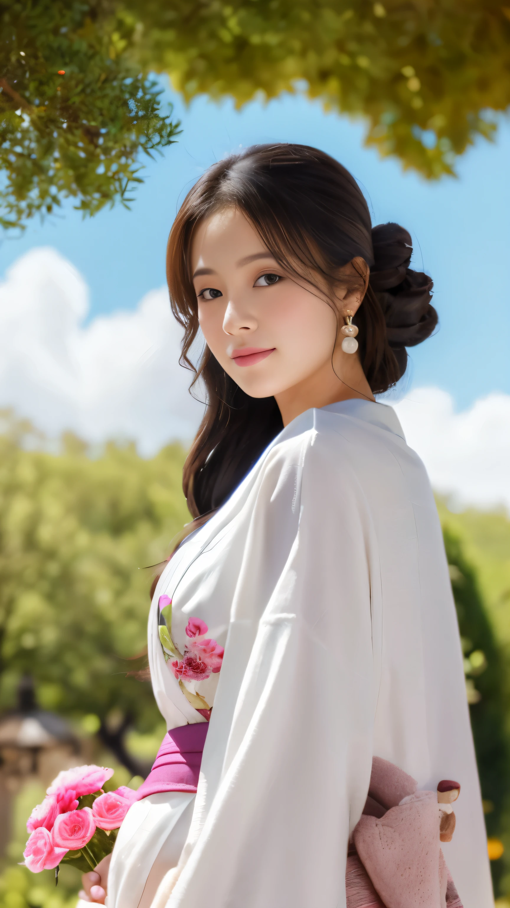high quality images,alone, 1 girl, eye details,, chestnut hair, looking at the viewer, portrait, detailed drawings and faces, long hair, closed mouth,Unparalleled beauty details,The surroundings are shining, pink kimono,Full body high-definition painting,blue sky and white clouds,Full body high-definition painting,