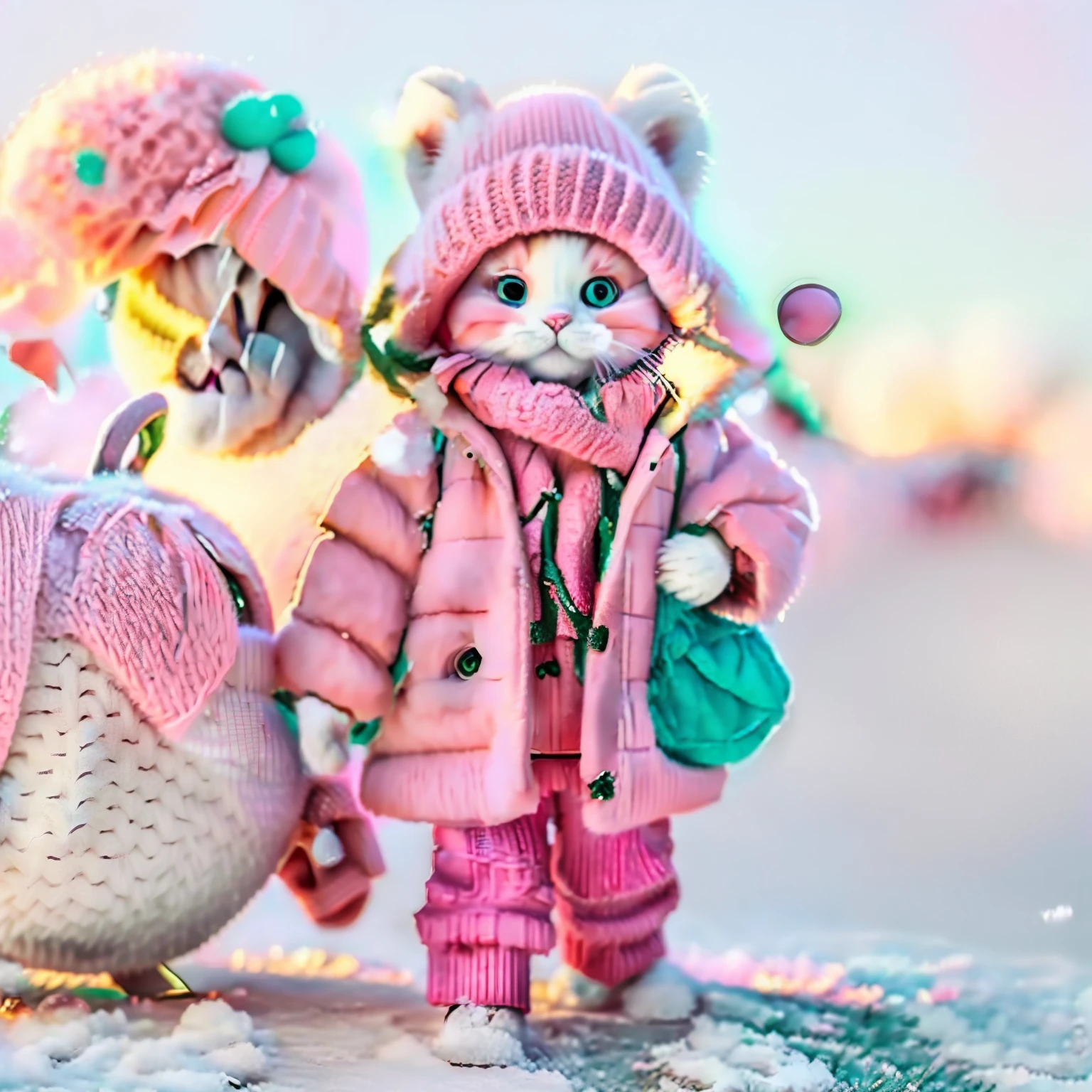 there a cat wearing a pink coat and green pants, the cat walking, smol fluffy cat wearing smol hat, cute and adorable, cute cat, cold weather, covered in snow, cold as ice! 🧊, highly fashionable, adorably cute, very beautiful cute catgirl, proudly walking down the street, cute adorable, winter time, cold snow outside