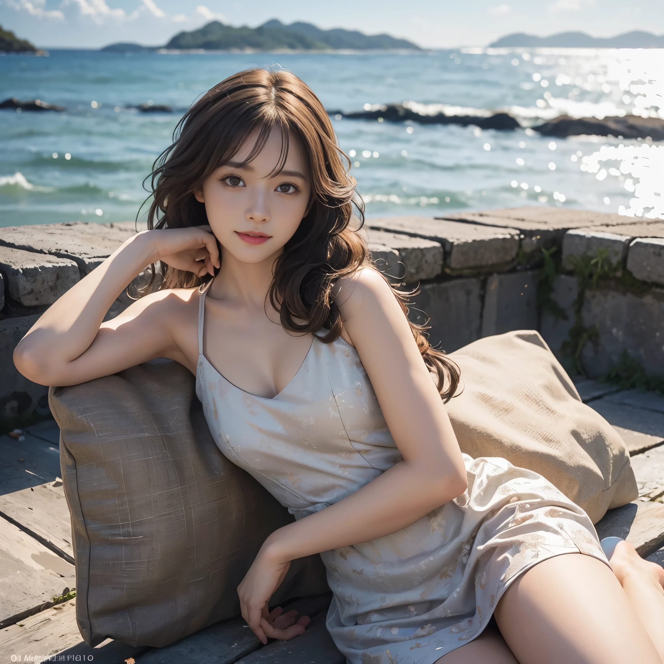 (RAW photo:1.2), (realistic:1.4),(masterpiece:1.3),(highest quality:1.4),ultra high resolution,HDR,8K, (highly detailed diagram), 1 girl, detailed beautiful face, young girl, long curl hair,smile,alone, look at the audience,clear background, on the beach, Depth of the bounds written, Natural light,(seeThroughSilhouette),Ulchan-6500-v1.1:0.7