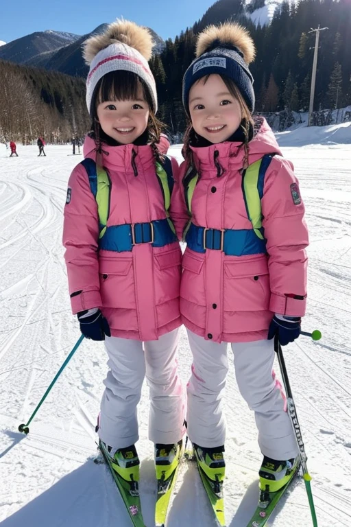 Two identical girls,same age,same clothes,twin,go skiing