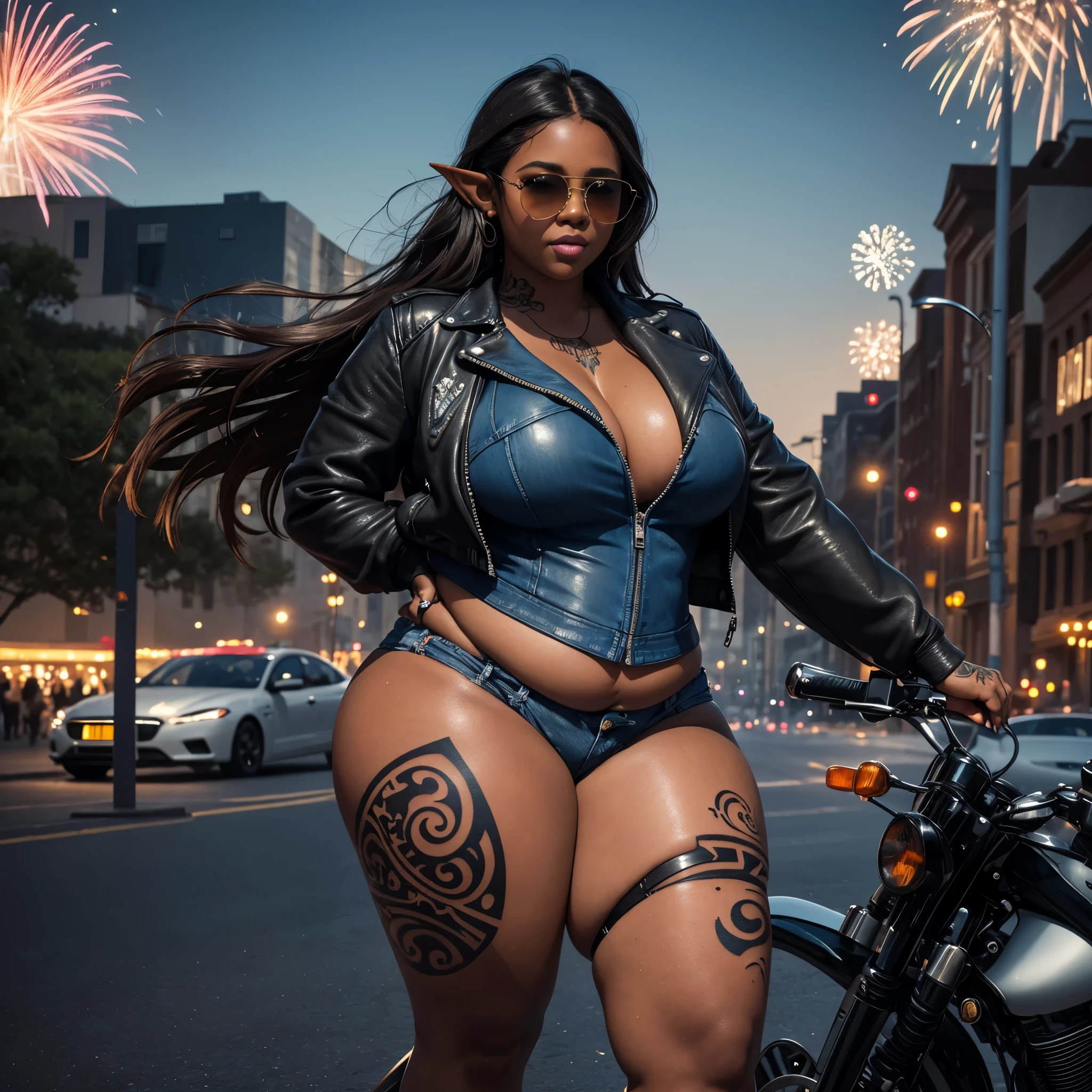 masterpiece ,ultra realistic, photo realism , beautiful black woman , wet lips , brown eyes, elf ears, sunglasses, long brown hair , loose in the wind, thick thighs , fat curvy body , voluptuous, cute chubby face (( tattoo on the side of the leg , tribal tattoo )) , very detailed skin , happy face, ((leather jacket, blue jeans)) , walking towards the camera, bright , full body picture, all detailed, fireworks in background, strong illumination , striking , 8k, no watermarks, no nudes
