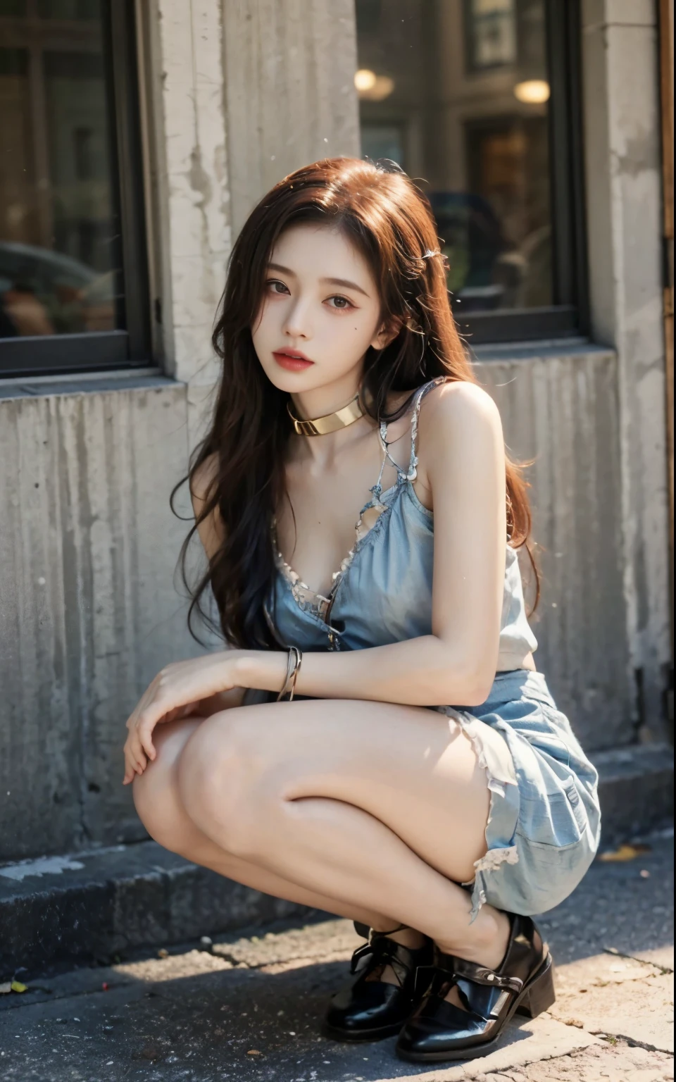 Very beautiful and shining eyes、1 girl、huge chest mouth、saliva、between strands、Prisoner of Abrora、torn cloth collar、fetters、slave、chainetter、thigh、in the hustle and bustle of the city、A male university student squatting backwards with his legs open、tied up with a rope、Apply body oil all over your body、revealing costumes、professional writing、pantyhose,nipple protrusion