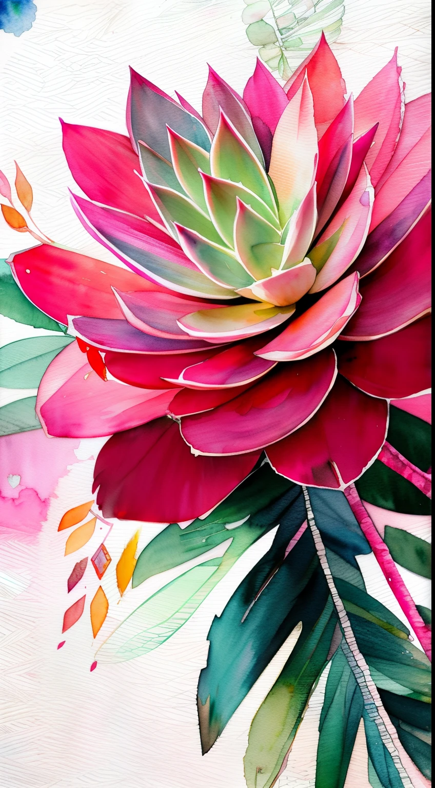 Style Wtrcolor, (pink) succulents, digital art, formal art, gone With the Wind, masterpiece, Beautiful, ((watercolor)), splashes of paint, Complex parts. Excellent detail, [drop:0.7], trending on ArtStation, Rachel Walker