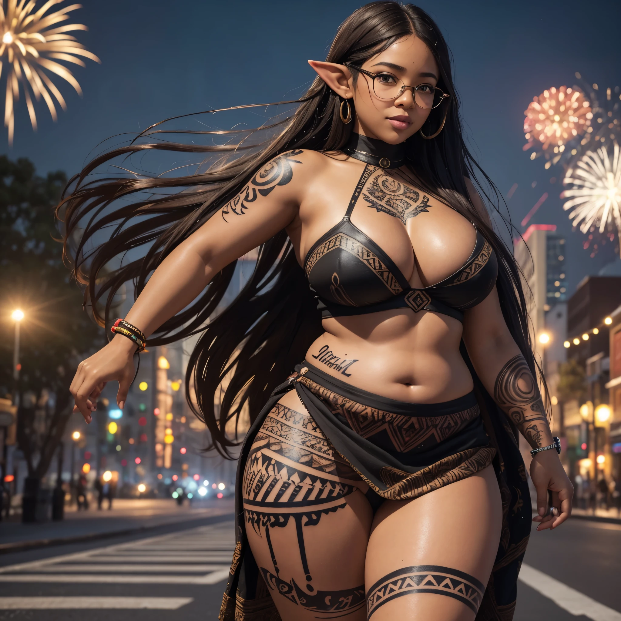 masterpiece ,ultra realistic, photo realism , beautiful black woman , wet lips , brown eyes, elf ears, glasses, long brown hair , loose in the wind, thick thighs , fat curvy body , voluptuous, cute chubby face (( tattoo on the side of the leg , tribal tattoo )) , very detailed skin , happy face, (( casual wear )) , walking towards the camera, bright , mini skirt, all detailed, fireworks in background, strong illumination , striking , 8k, no watermarks, no nudes